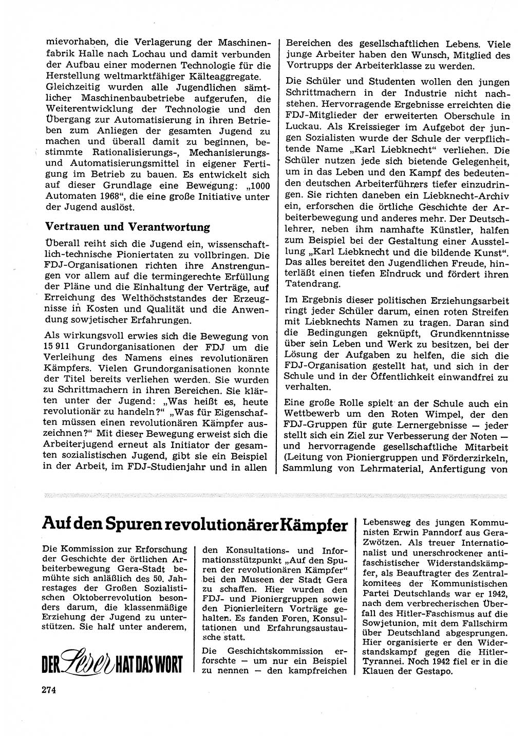 Neuer Weg (NW), Organ des Zentralkomitees (ZK) der SED (Sozialistische Einheitspartei Deutschlands) für Fragen des Parteilebens, 23. Jahrgang [Deutsche Demokratische Republik (DDR)] 1968, Seite 274 (NW ZK SED DDR 1968, S. 274)