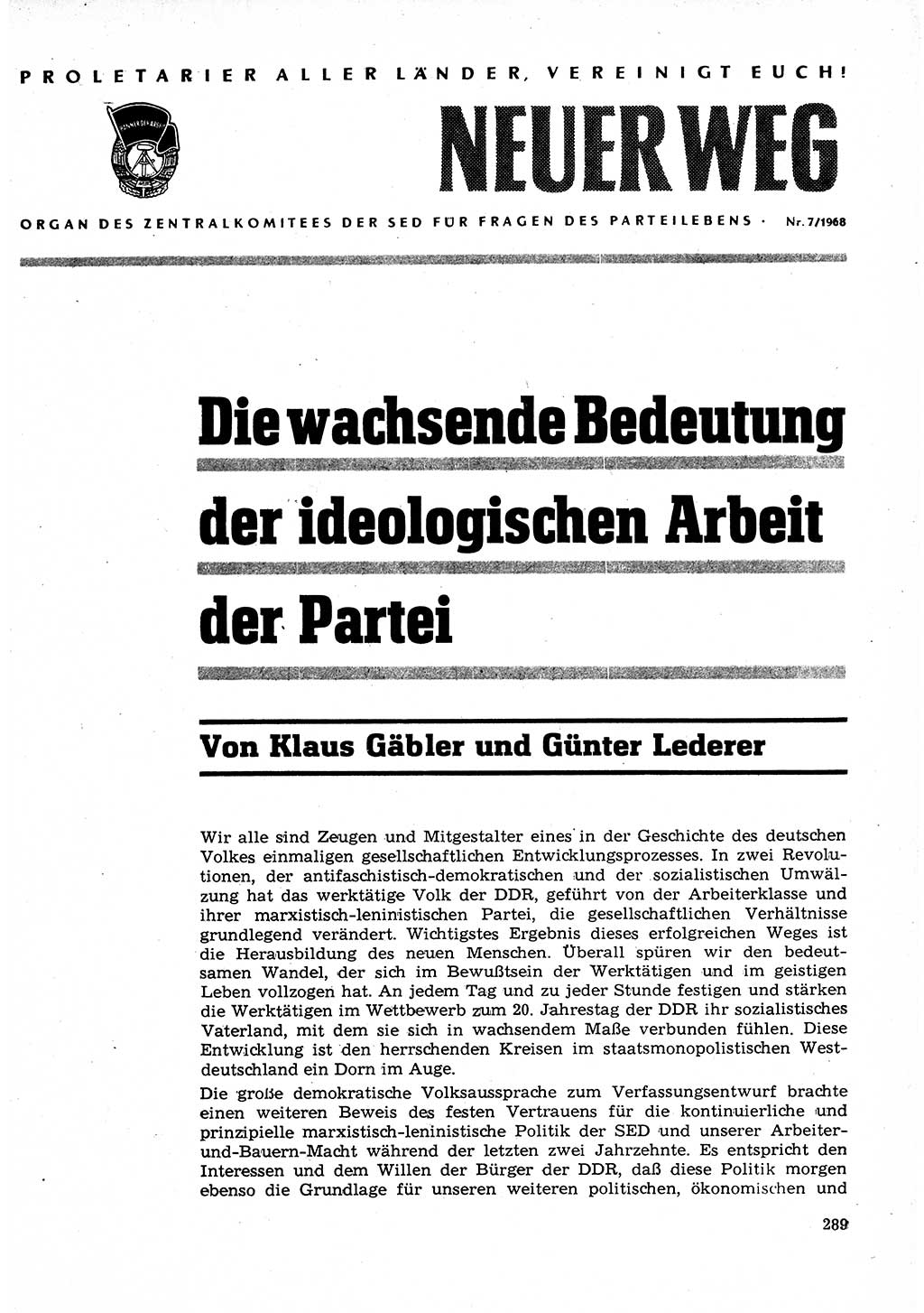 Neuer Weg (NW), Organ des Zentralkomitees (ZK) der SED (Sozialistische Einheitspartei Deutschlands) für Fragen des Parteilebens, 23. Jahrgang [Deutsche Demokratische Republik (DDR)] 1968, Seite 289 (NW ZK SED DDR 1968, S. 289)