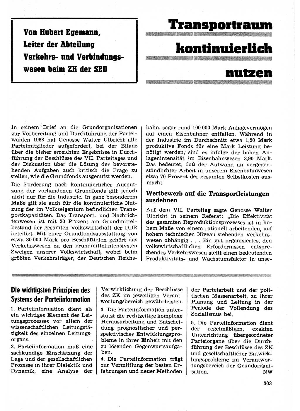 Neuer Weg (NW), Organ des Zentralkomitees (ZK) der SED (Sozialistische Einheitspartei Deutschlands) für Fragen des Parteilebens, 23. Jahrgang [Deutsche Demokratische Republik (DDR)] 1968, Seite 303 (NW ZK SED DDR 1968, S. 303)