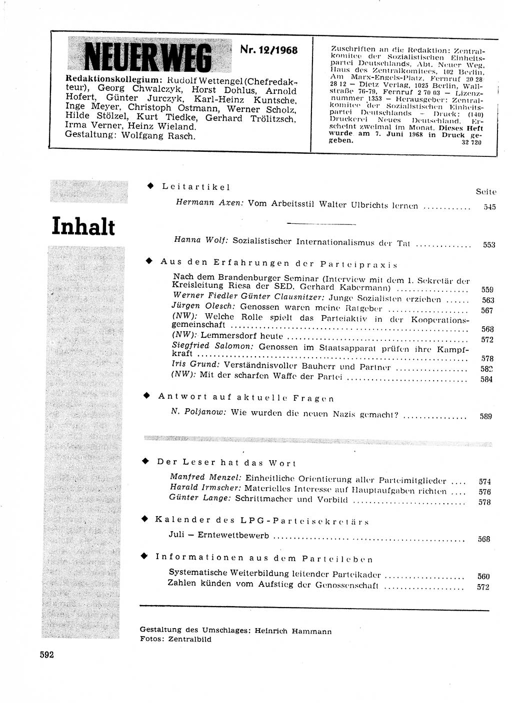 Neuer Weg (NW), Organ des Zentralkomitees (ZK) der SED (Sozialistische Einheitspartei Deutschlands) für Fragen des Parteilebens, 23. Jahrgang [Deutsche Demokratische Republik (DDR)] 1968, Seite 592 (NW ZK SED DDR 1968, S. 592)