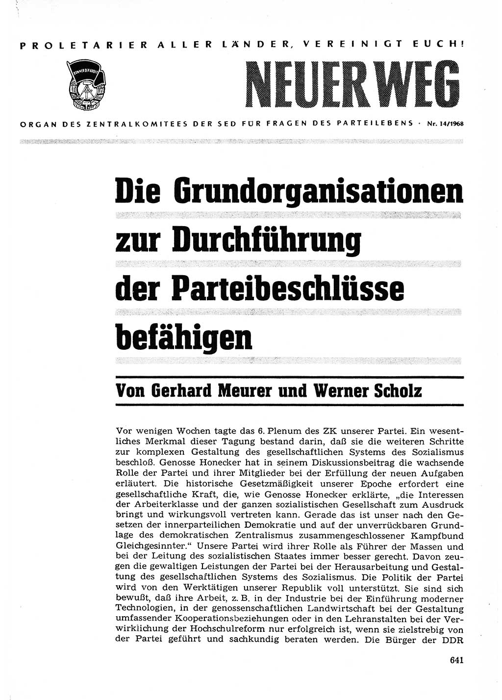 Neuer Weg (NW), Organ des Zentralkomitees (ZK) der SED (Sozialistische Einheitspartei Deutschlands) für Fragen des Parteilebens, 23. Jahrgang [Deutsche Demokratische Republik (DDR)] 1968, Seite 641 (NW ZK SED DDR 1968, S. 641)