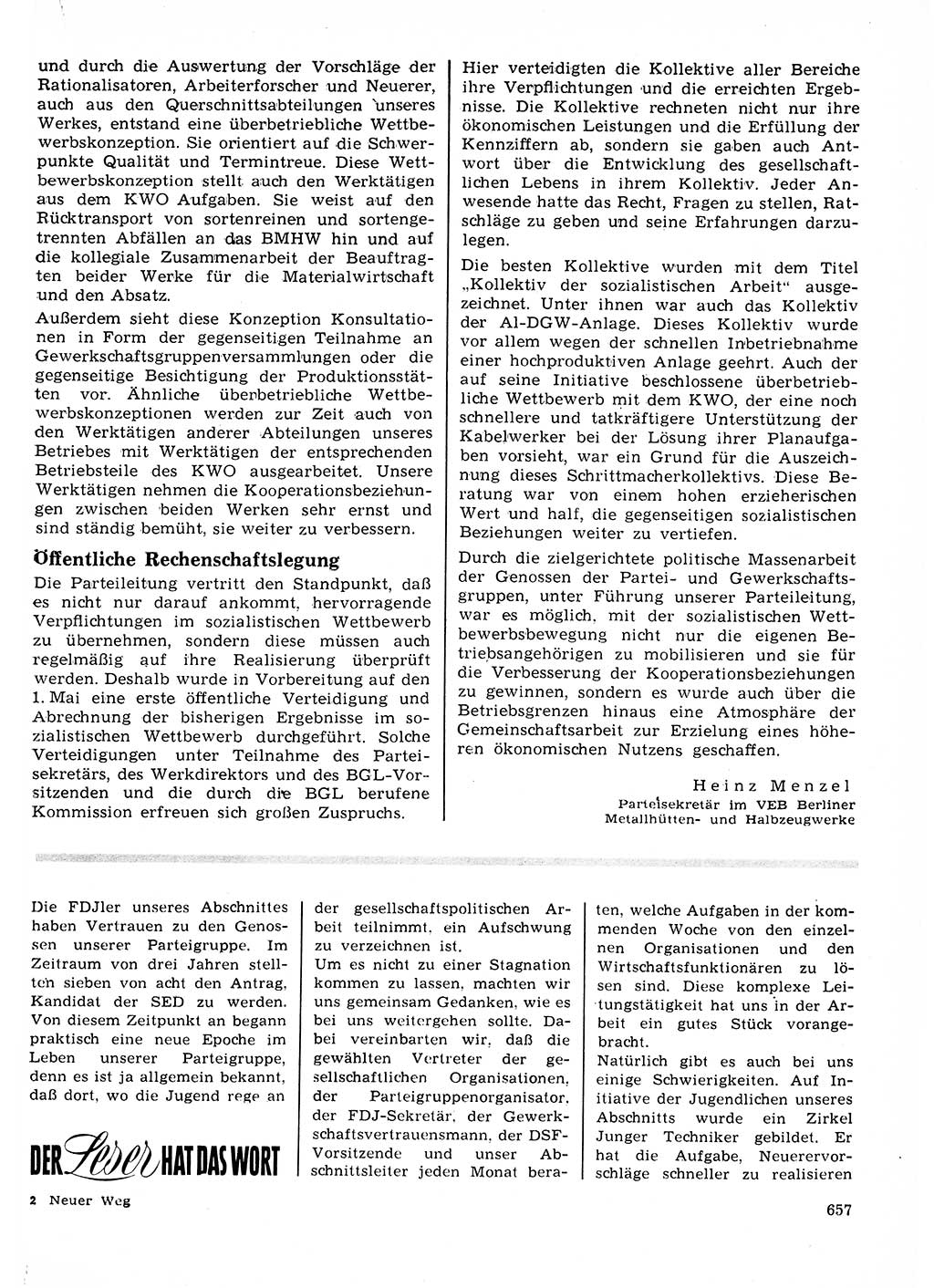 Neuer Weg (NW), Organ des Zentralkomitees (ZK) der SED (Sozialistische Einheitspartei Deutschlands) für Fragen des Parteilebens, 23. Jahrgang [Deutsche Demokratische Republik (DDR)] 1968, Seite 657 (NW ZK SED DDR 1968, S. 657)