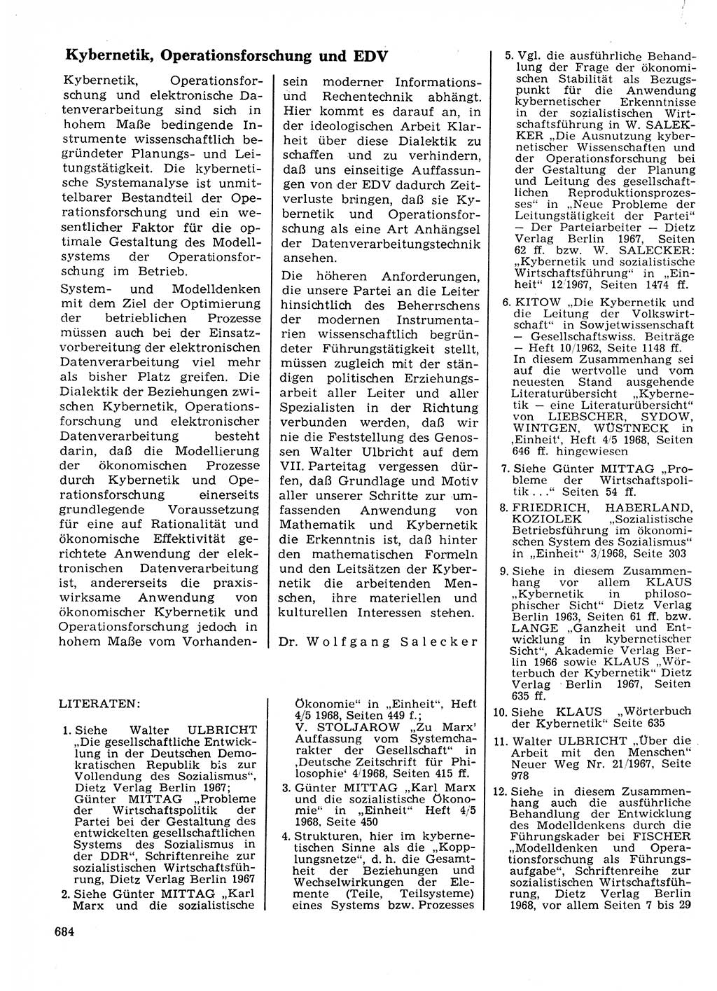 Neuer Weg (NW), Organ des Zentralkomitees (ZK) der SED (Sozialistische Einheitspartei Deutschlands) für Fragen des Parteilebens, 23. Jahrgang [Deutsche Demokratische Republik (DDR)] 1968, Seite 684 (NW ZK SED DDR 1968, S. 684)