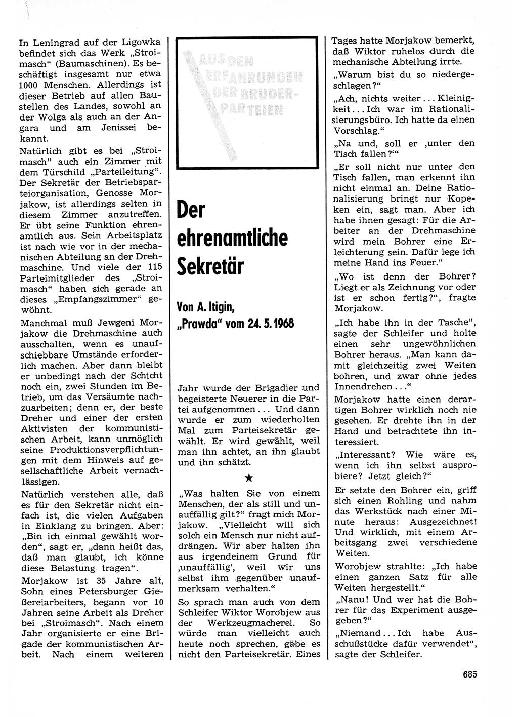 Neuer Weg (NW), Organ des Zentralkomitees (ZK) der SED (Sozialistische Einheitspartei Deutschlands) für Fragen des Parteilebens, 23. Jahrgang [Deutsche Demokratische Republik (DDR)] 1968, Seite 685 (NW ZK SED DDR 1968, S. 685)