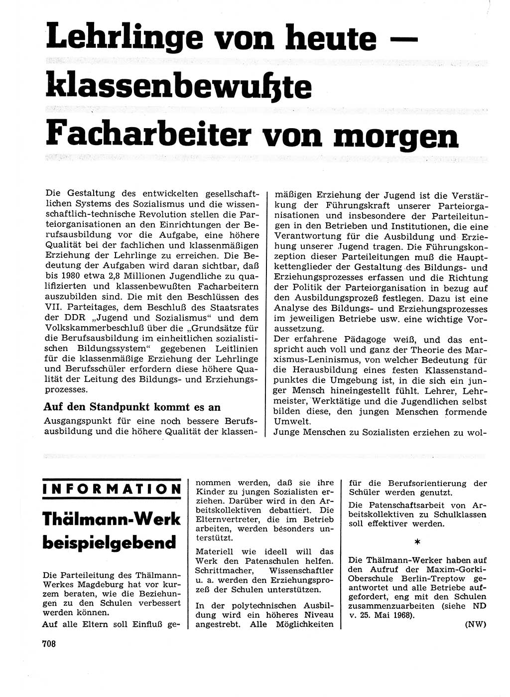 Neuer Weg (NW), Organ des Zentralkomitees (ZK) der SED (Sozialistische Einheitspartei Deutschlands) für Fragen des Parteilebens, 23. Jahrgang [Deutsche Demokratische Republik (DDR)] 1968, Seite 708 (NW ZK SED DDR 1968, S. 708)