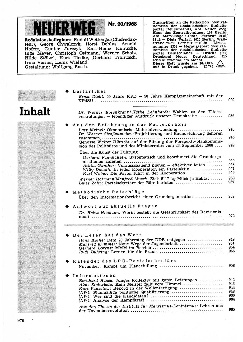 Neuer Weg (NW), Organ des Zentralkomitees (ZK) der SED (Sozialistische Einheitspartei Deutschlands) für Fragen des Parteilebens, 23. Jahrgang [Deutsche Demokratische Republik (DDR)] 1968, Seite 960 (NW ZK SED DDR 1968, S. 960)