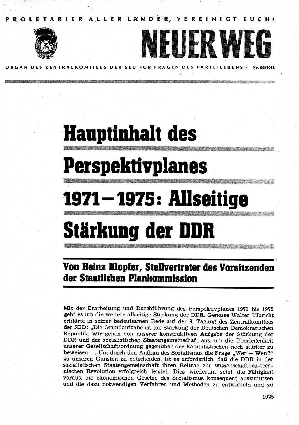 Neuer Weg (NW), Organ des Zentralkomitees (ZK) der SED (Sozialistische Einheitspartei Deutschlands) für Fragen des Parteilebens, 23. Jahrgang [Deutsche Demokratische Republik (DDR)] 1968, Seite 1009 (NW ZK SED DDR 1968, S. 1009)