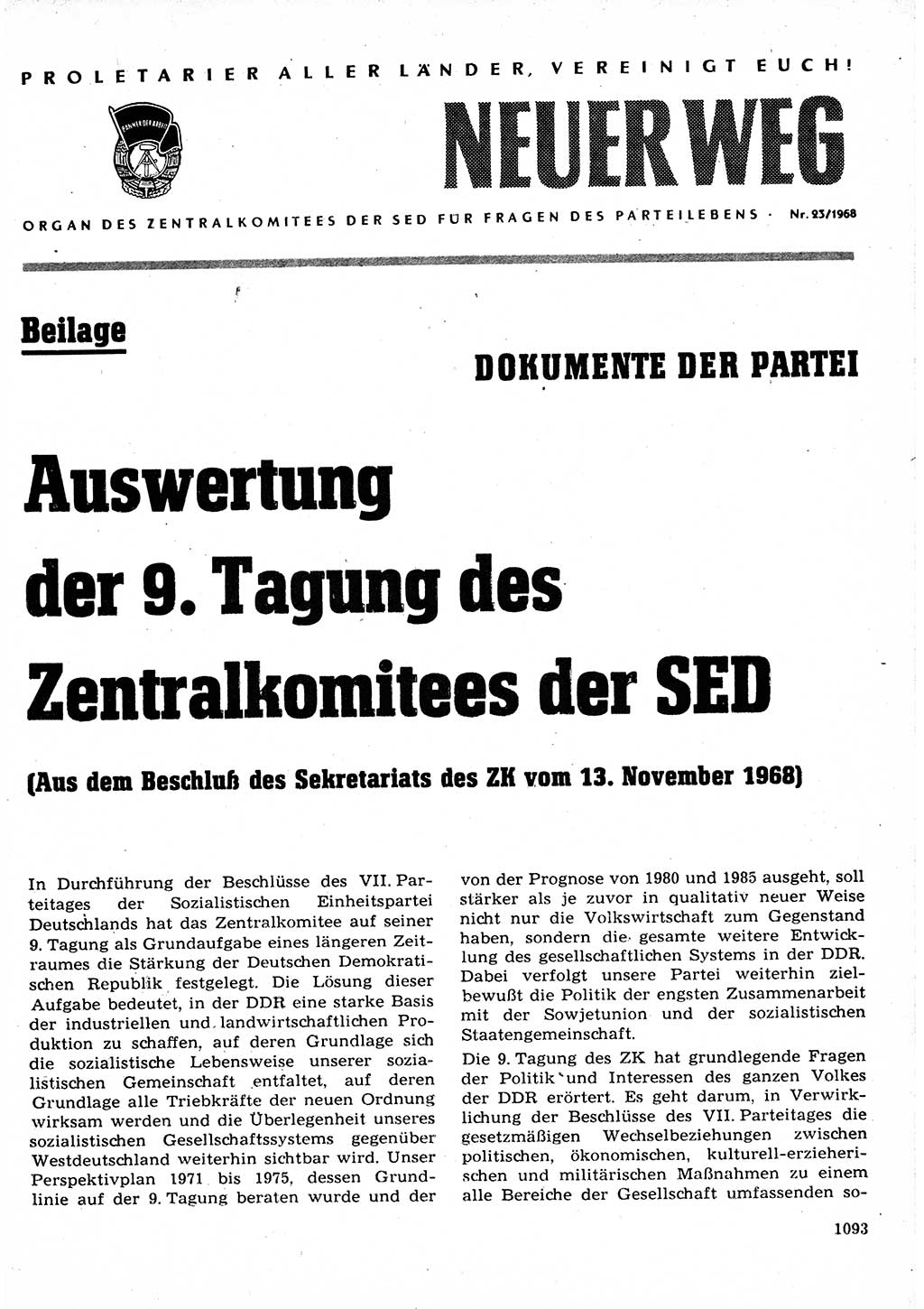 Neuer Weg (NW), Organ des Zentralkomitees (ZK) der SED (Sozialistische Einheitspartei Deutschlands) für Fragen des Parteilebens, 23. Jahrgang [Deutsche Demokratische Republik (DDR)] 1968, Seite 1077 (NW ZK SED DDR 1968, S. 1077)