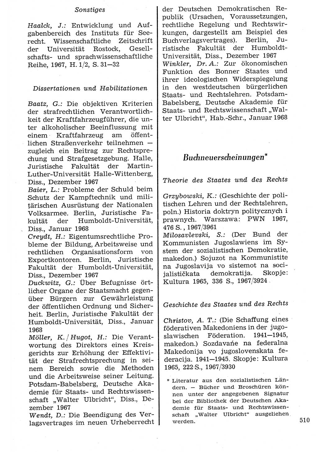 Staat und Recht (StuR), 17. Jahrgang [Deutsche Demokratische Republik (DDR)] 1968, Seite 510 (StuR DDR 1968, S. 510)
