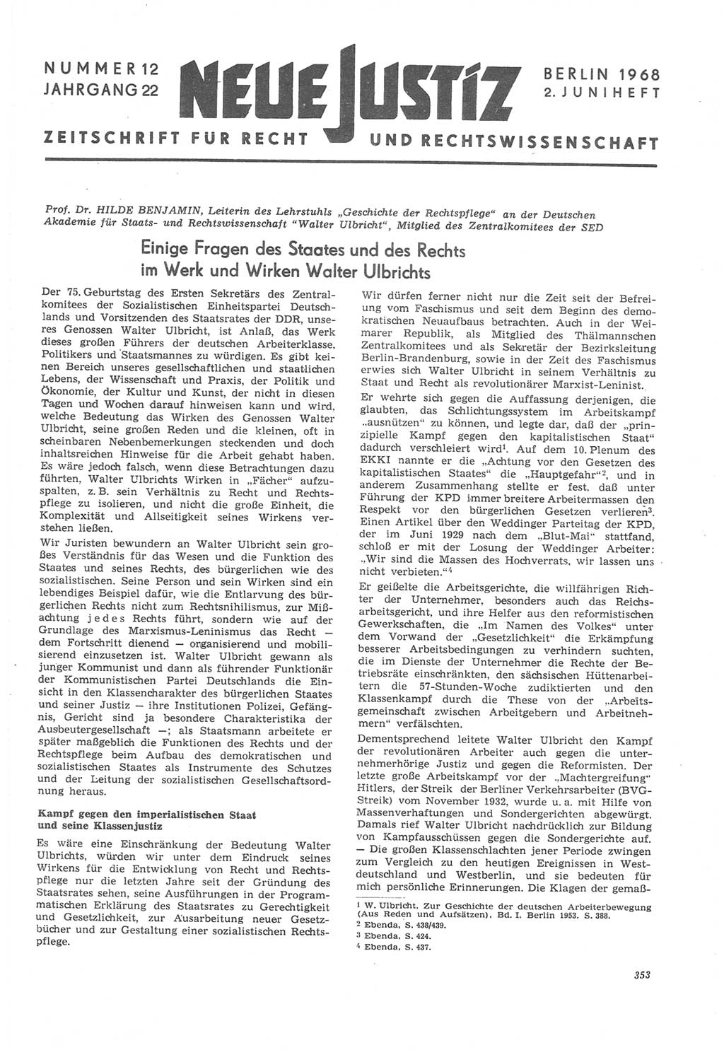 Neue Justiz (NJ), Zeitschrift für Recht und Rechtswissenschaft [Deutsche Demokratische Republik (DDR)], 22. Jahrgang 1968, Seite 353 (NJ DDR 1968, S. 353)