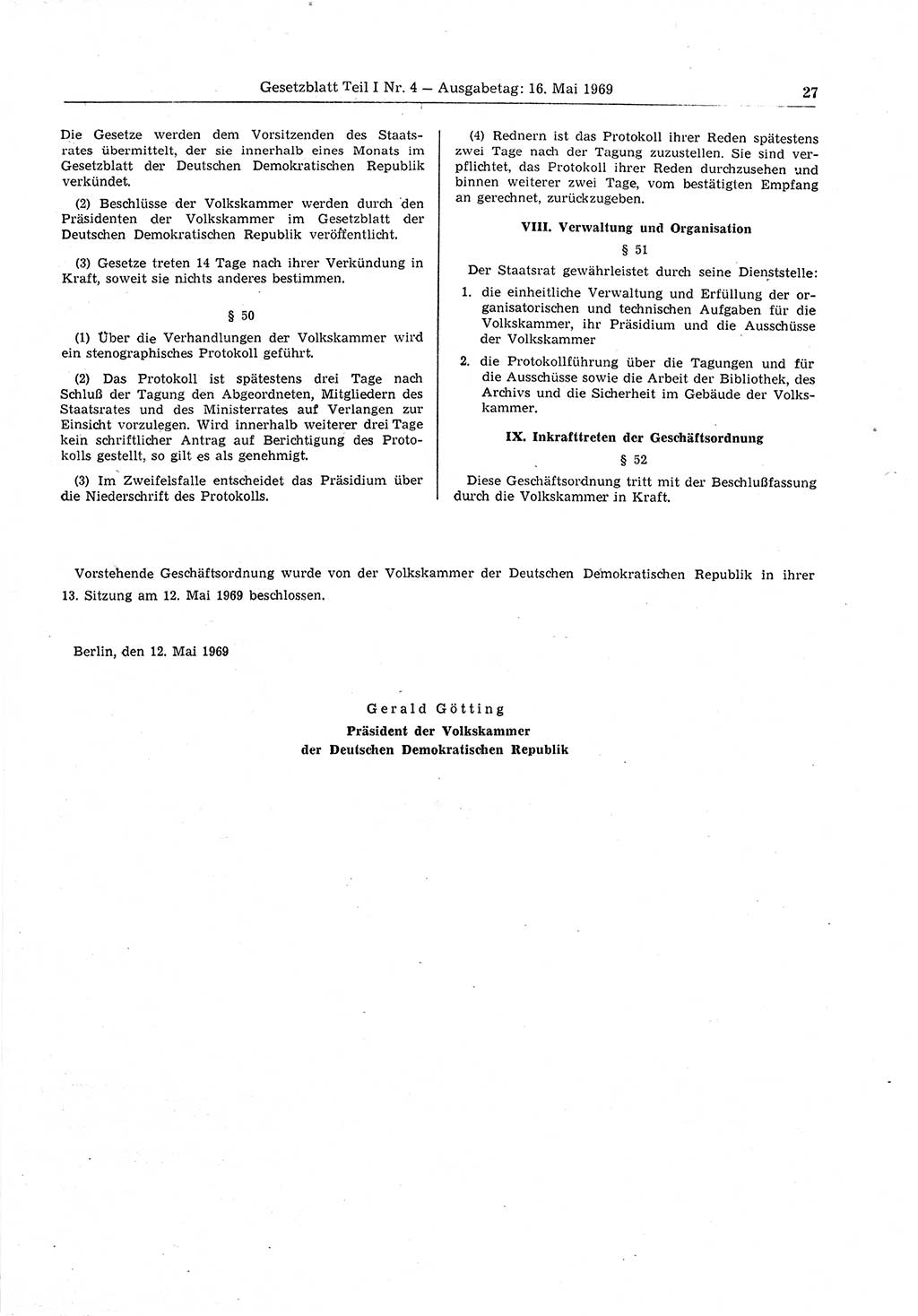 Gesetzblatt (GBl.) der Deutschen Demokratischen Republik (DDR) Teil Ⅰ 1969, Seite 27 (GBl. DDR Ⅰ 1969, S. 27)