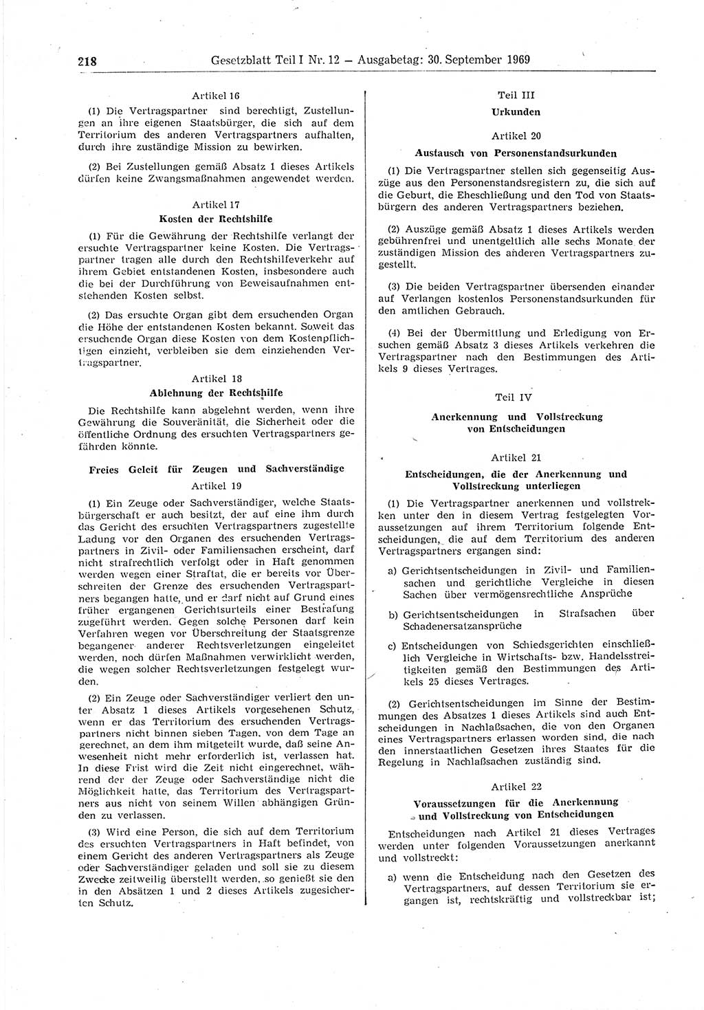 Gesetzblatt (GBl.) der Deutschen Demokratischen Republik (DDR) Teil Ⅰ 1969, Seite 218 (GBl. DDR Ⅰ 1969, S. 218)