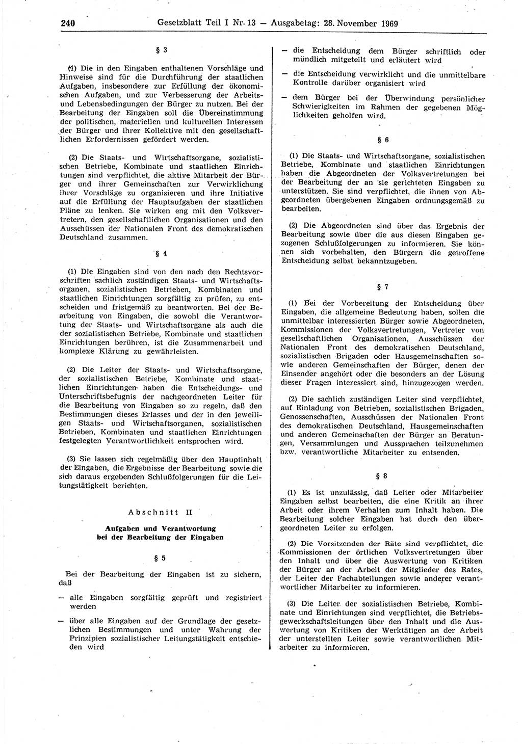 Gesetzblatt (GBl.) der Deutschen Demokratischen Republik (DDR) Teil Ⅰ 1969, Seite 240 (GBl. DDR Ⅰ 1969, S. 240)