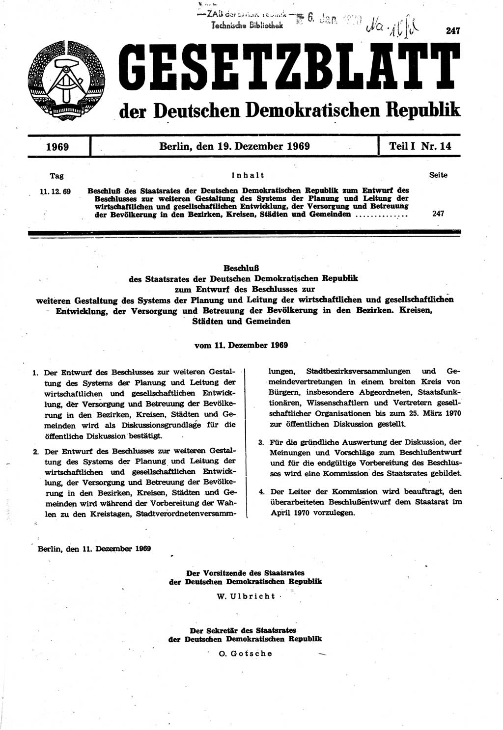 Gesetzblatt (GBl.) der Deutschen Demokratischen Republik (DDR) Teil Ⅰ 1969, Seite 247 (GBl. DDR Ⅰ 1969, S. 247)