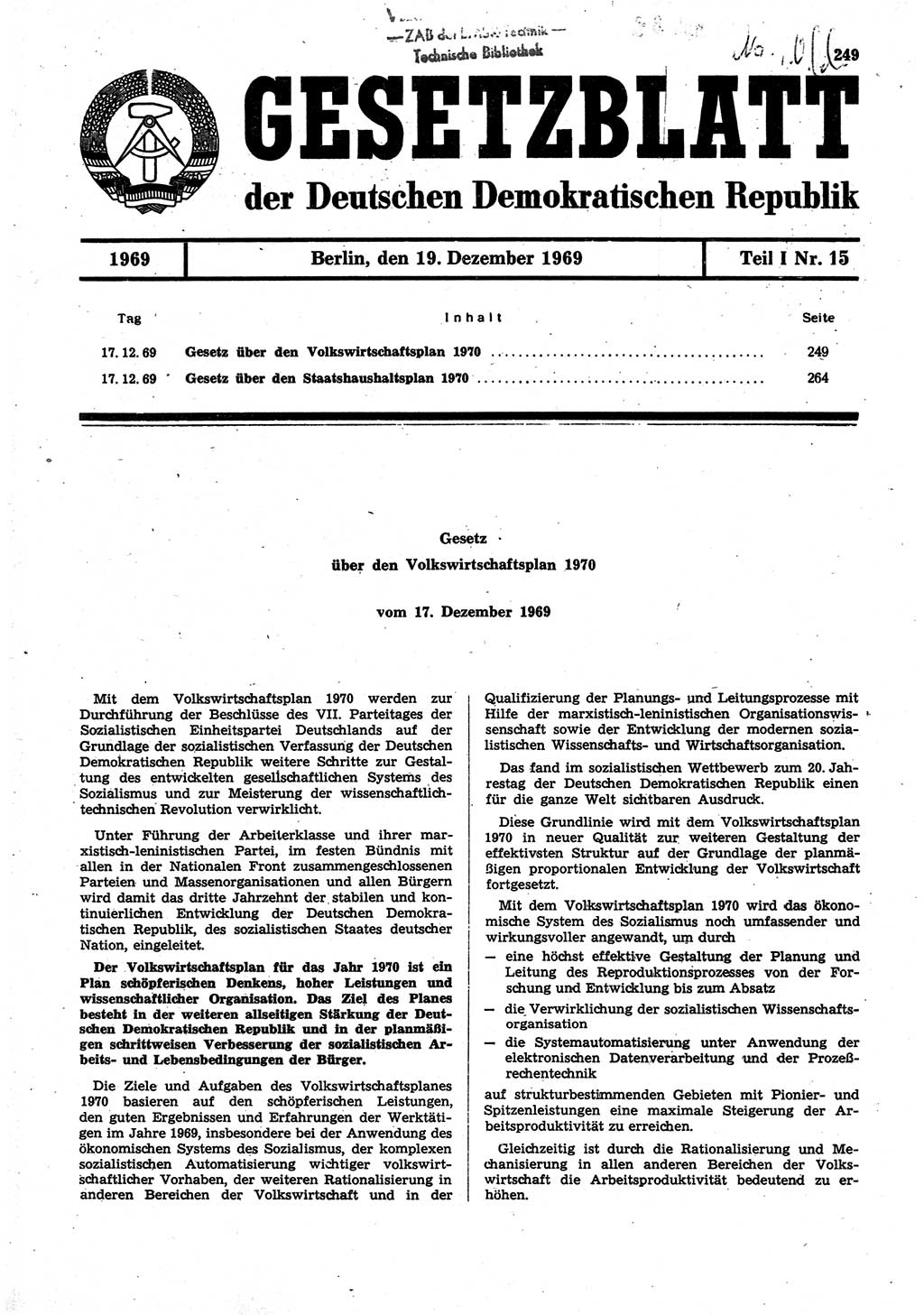 Gesetzblatt (GBl.) der Deutschen Demokratischen Republik (DDR) Teil Ⅰ 1969, Seite 249 (GBl. DDR Ⅰ 1969, S. 249)