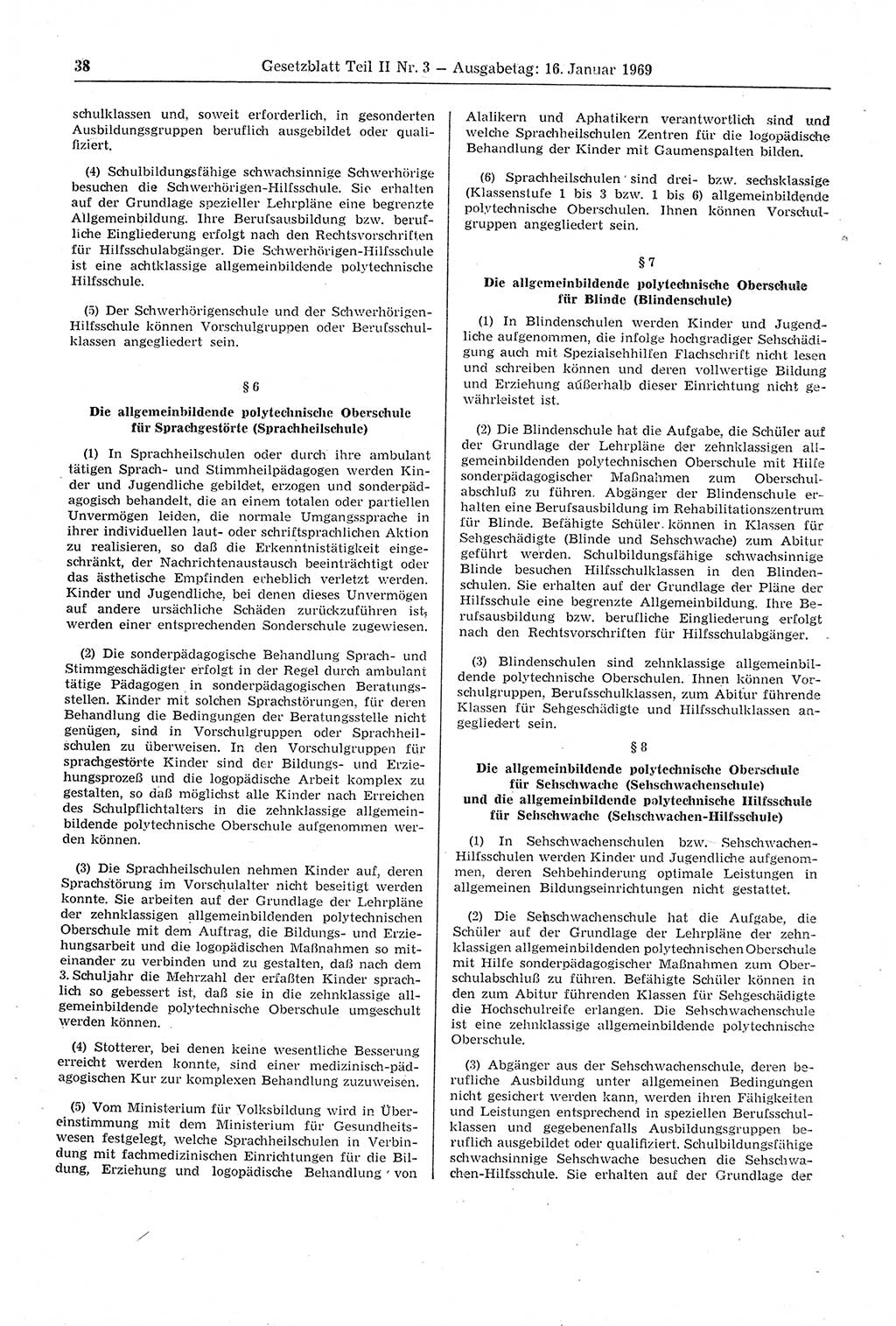 Gesetzblatt (GBl.) der Deutschen Demokratischen Republik (DDR) Teil ⅠⅠ 1969, Seite 38 (GBl. DDR ⅠⅠ 1969, S. 38)