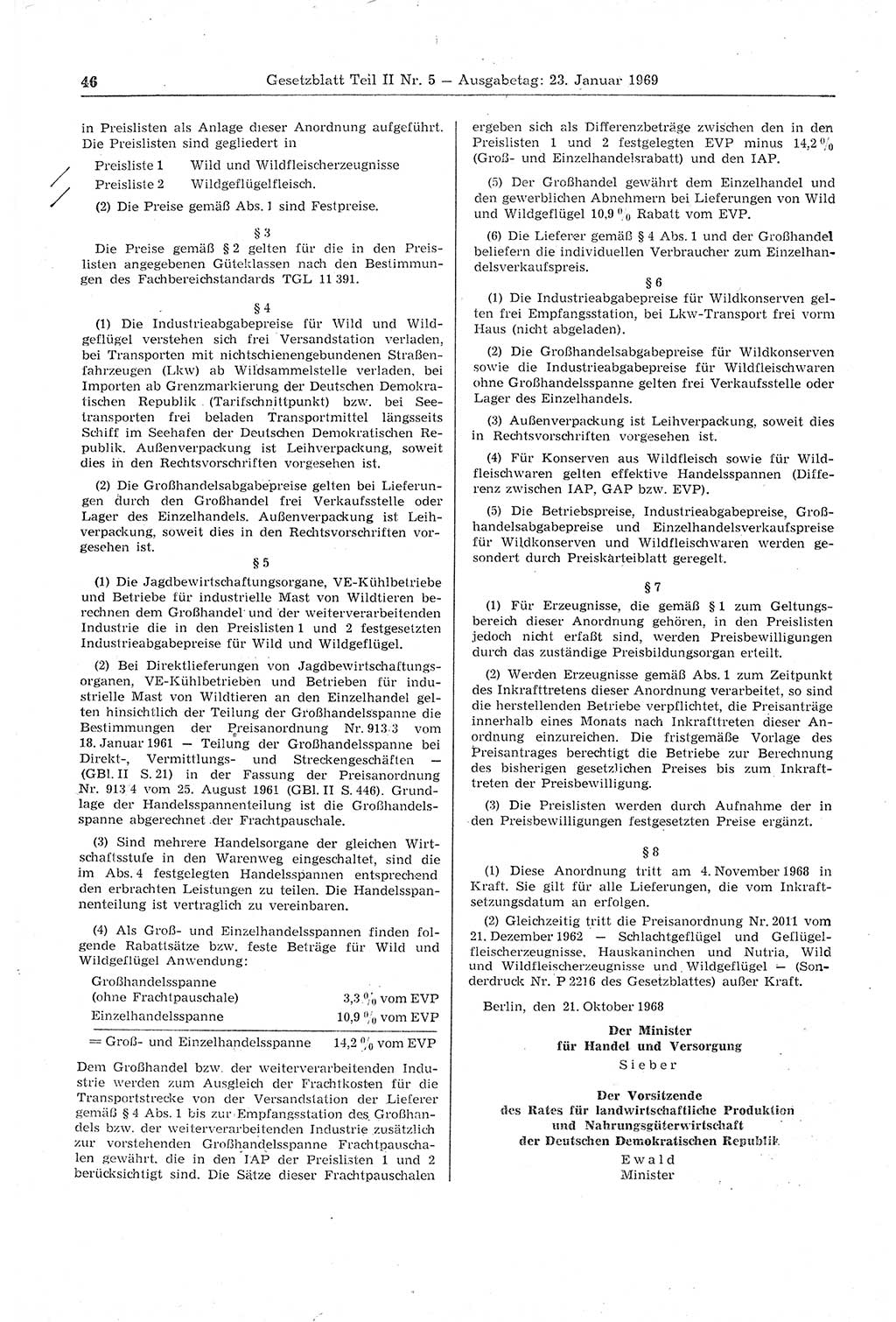 Gesetzblatt (GBl.) der Deutschen Demokratischen Republik (DDR) Teil ⅠⅠ 1969, Seite 46 (GBl. DDR ⅠⅠ 1969, S. 46)