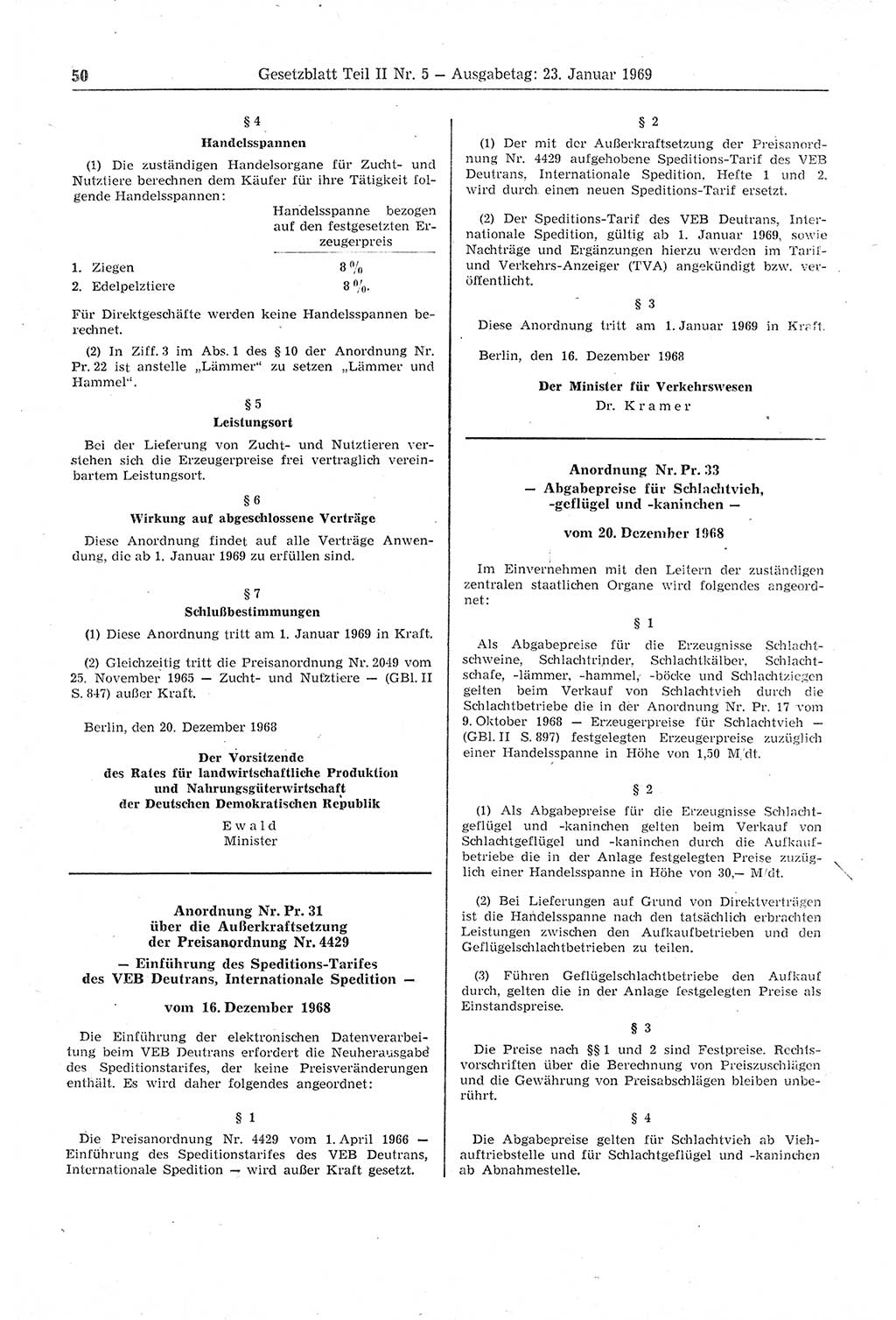 Gesetzblatt (GBl.) der Deutschen Demokratischen Republik (DDR) Teil ⅠⅠ 1969, Seite 50 (GBl. DDR ⅠⅠ 1969, S. 50)