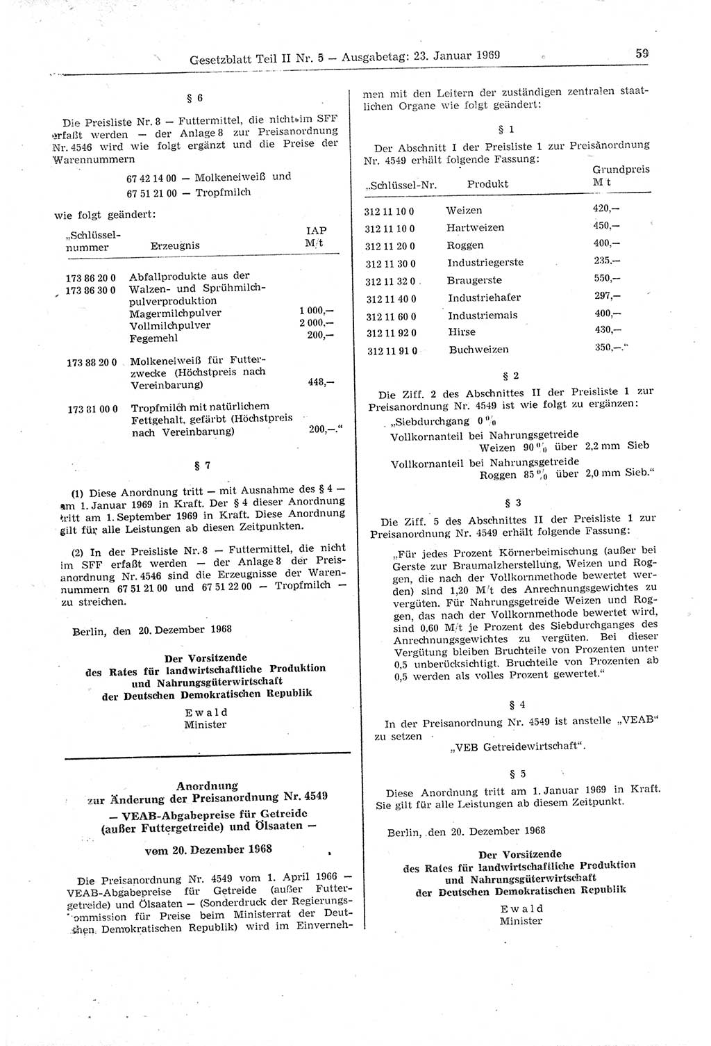 Gesetzblatt (GBl.) der Deutschen Demokratischen Republik (DDR) Teil ⅠⅠ 1969, Seite 59 (GBl. DDR ⅠⅠ 1969, S. 59)