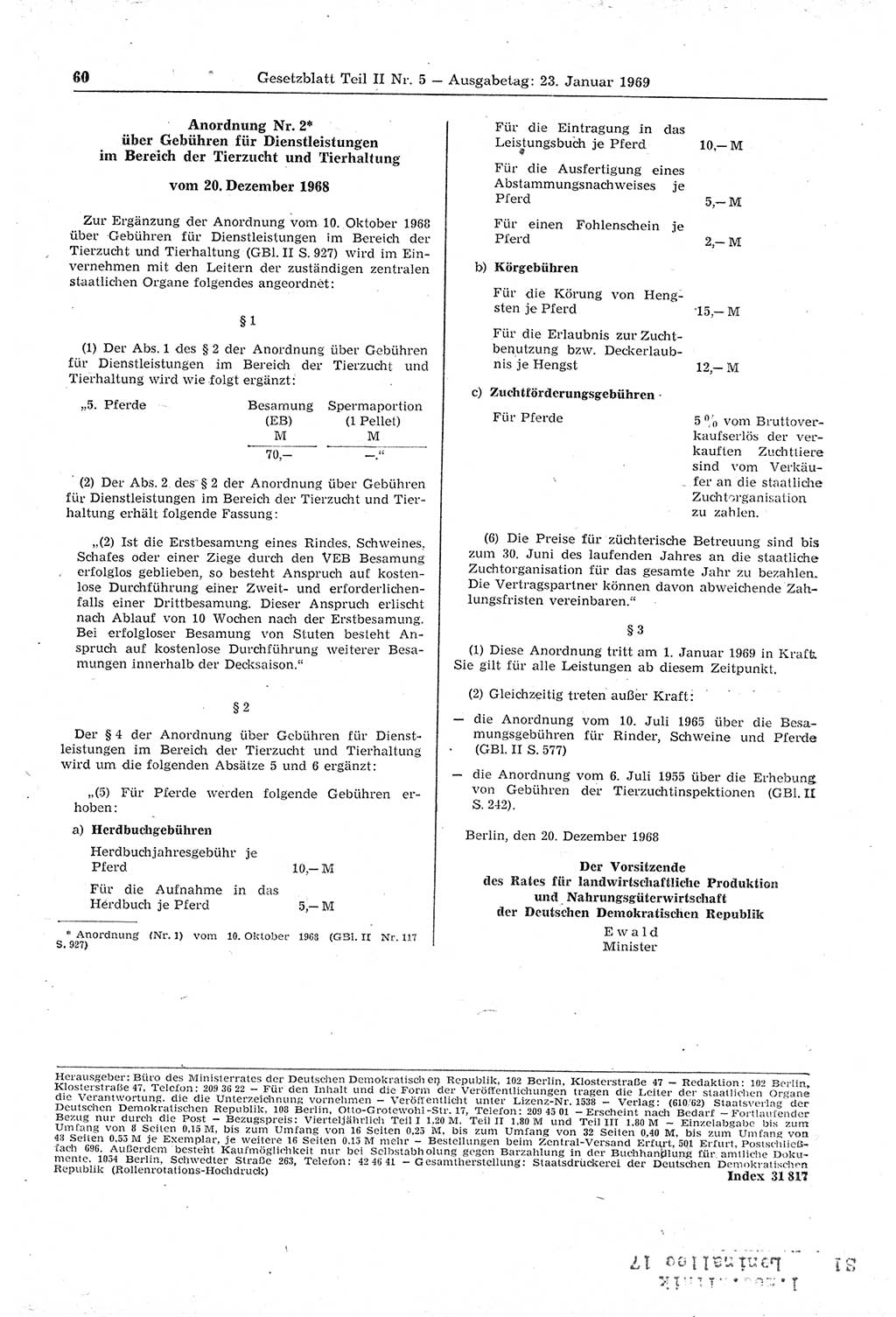 Gesetzblatt (GBl.) der Deutschen Demokratischen Republik (DDR) Teil ⅠⅠ 1969, Seite 60 (GBl. DDR ⅠⅠ 1969, S. 60)