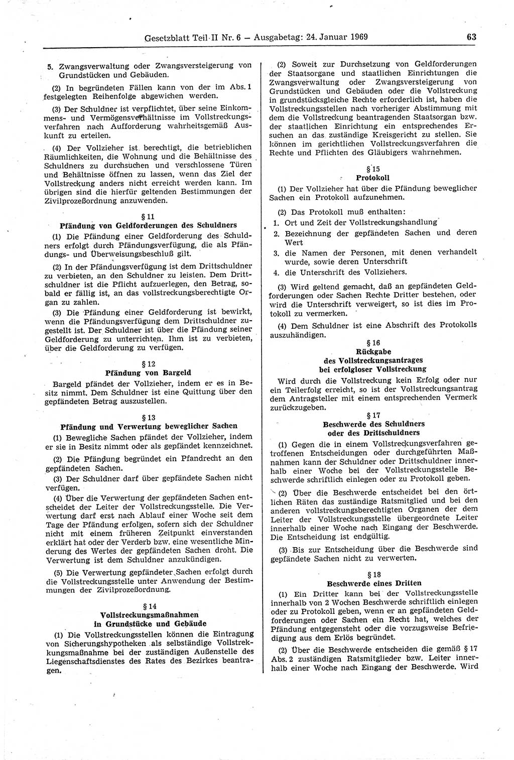 Gesetzblatt (GBl.) der Deutschen Demokratischen Republik (DDR) Teil ⅠⅠ 1969, Seite 63 (GBl. DDR ⅠⅠ 1969, S. 63)