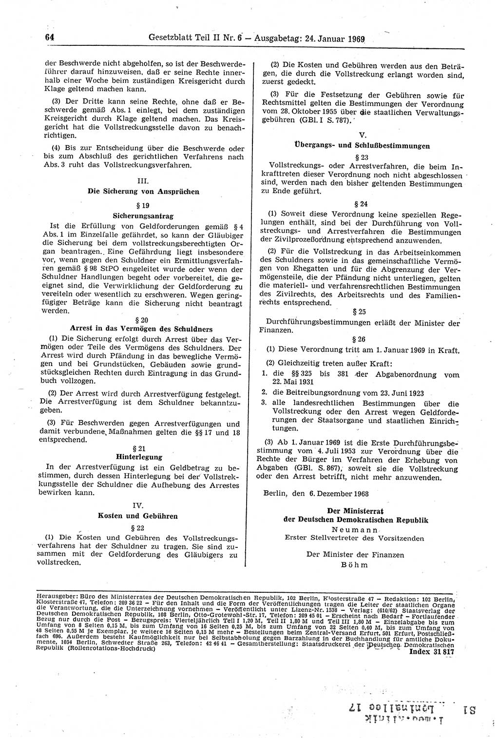 Gesetzblatt (GBl.) der Deutschen Demokratischen Republik (DDR) Teil ⅠⅠ 1969, Seite 64 (GBl. DDR ⅠⅠ 1969, S. 64)