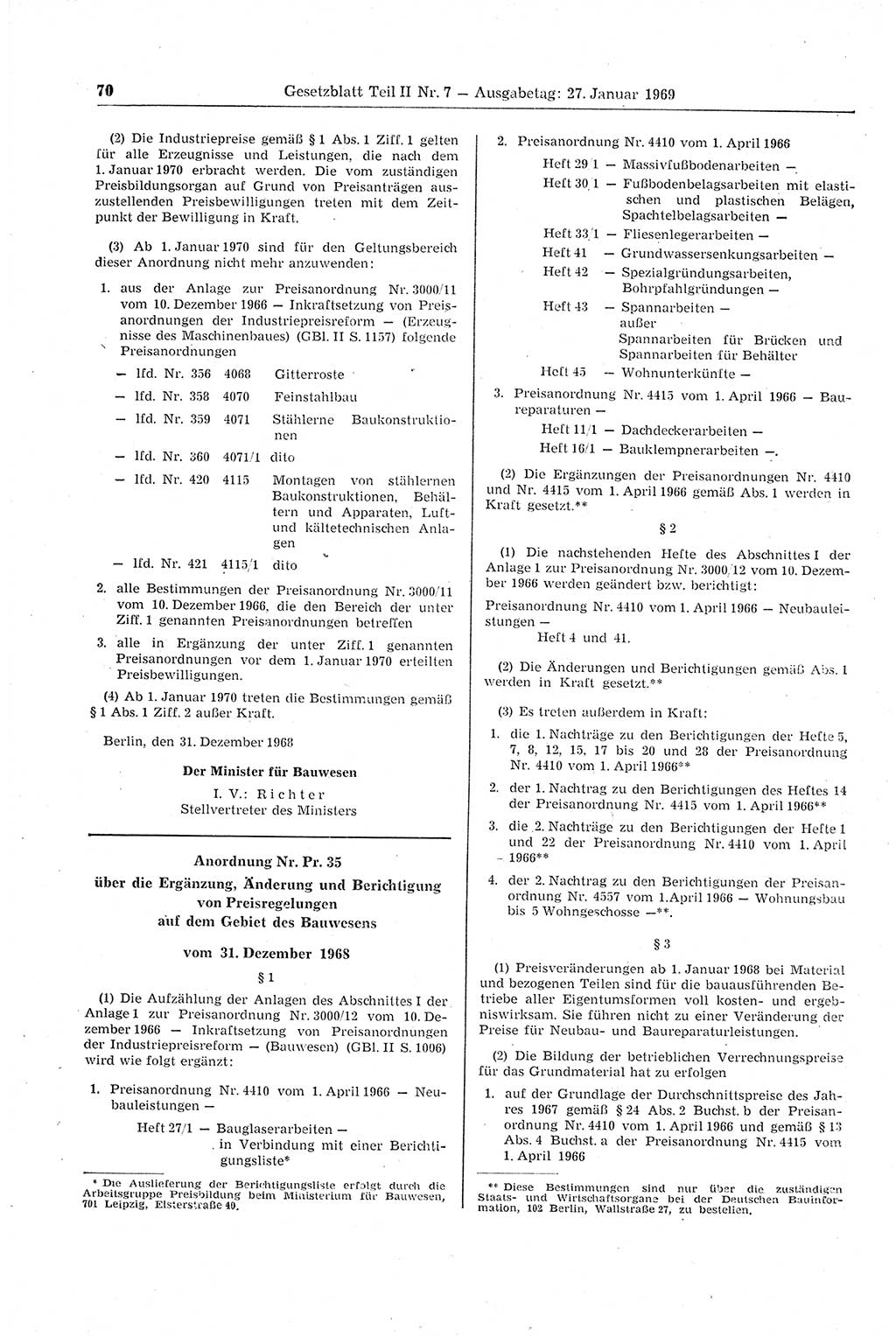 Gesetzblatt (GBl.) der Deutschen Demokratischen Republik (DDR) Teil ⅠⅠ 1969, Seite 70 (GBl. DDR ⅠⅠ 1969, S. 70)