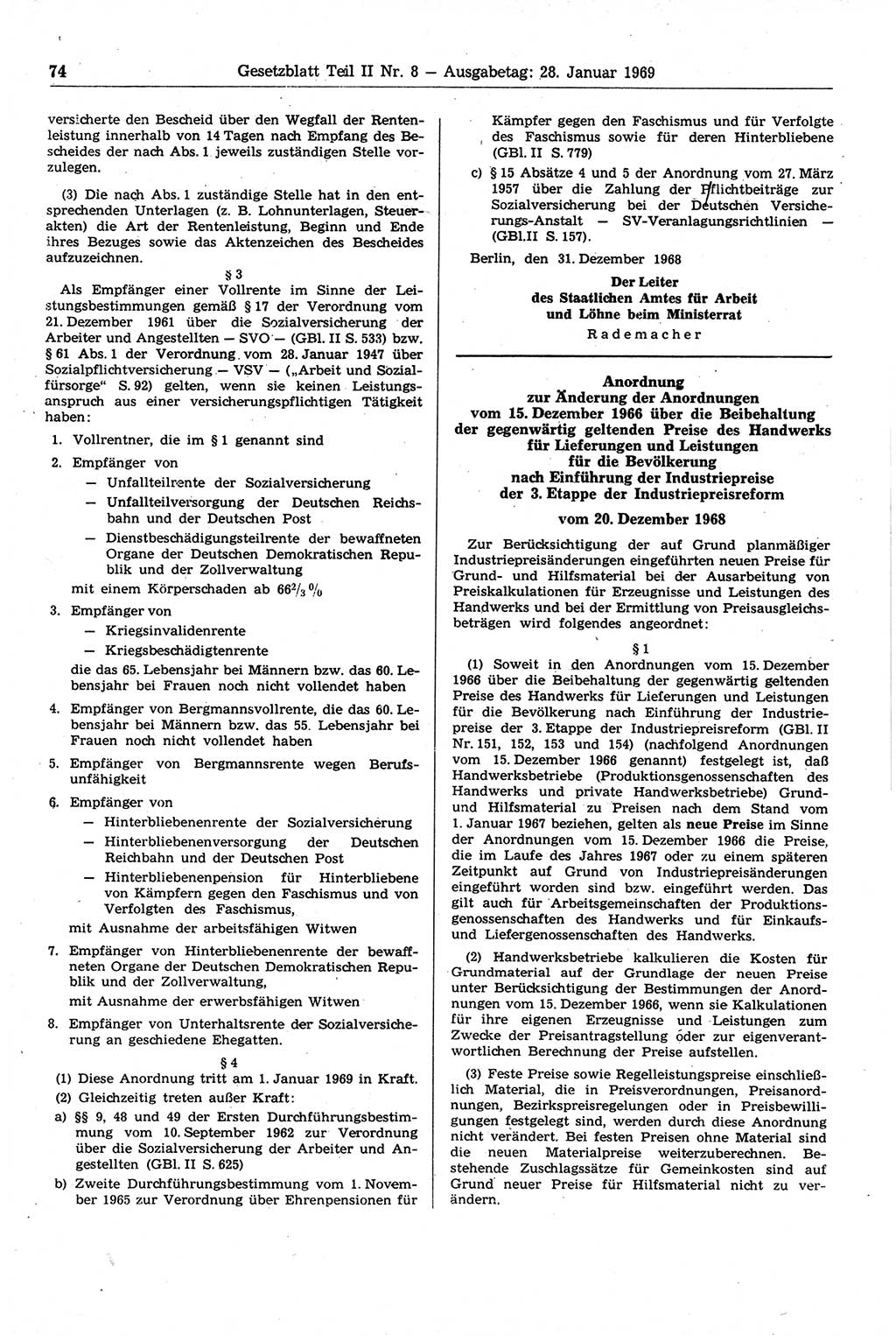 Gesetzblatt (GBl.) der Deutschen Demokratischen Republik (DDR) Teil ⅠⅠ 1969, Seite 74 (GBl. DDR ⅠⅠ 1969, S. 74)