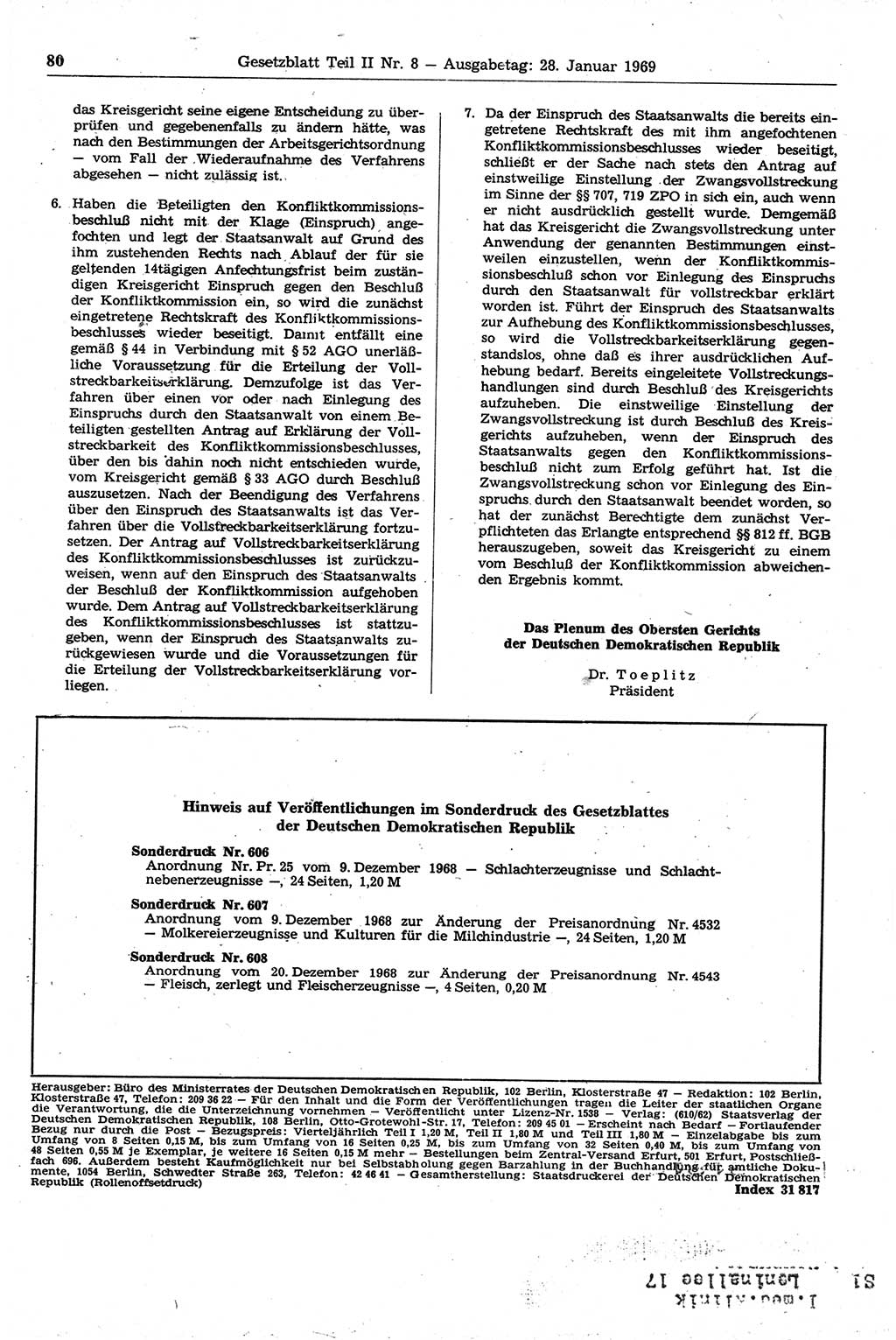 Gesetzblatt (GBl.) der Deutschen Demokratischen Republik (DDR) Teil ⅠⅠ 1969, Seite 80 (GBl. DDR ⅠⅠ 1969, S. 80)
