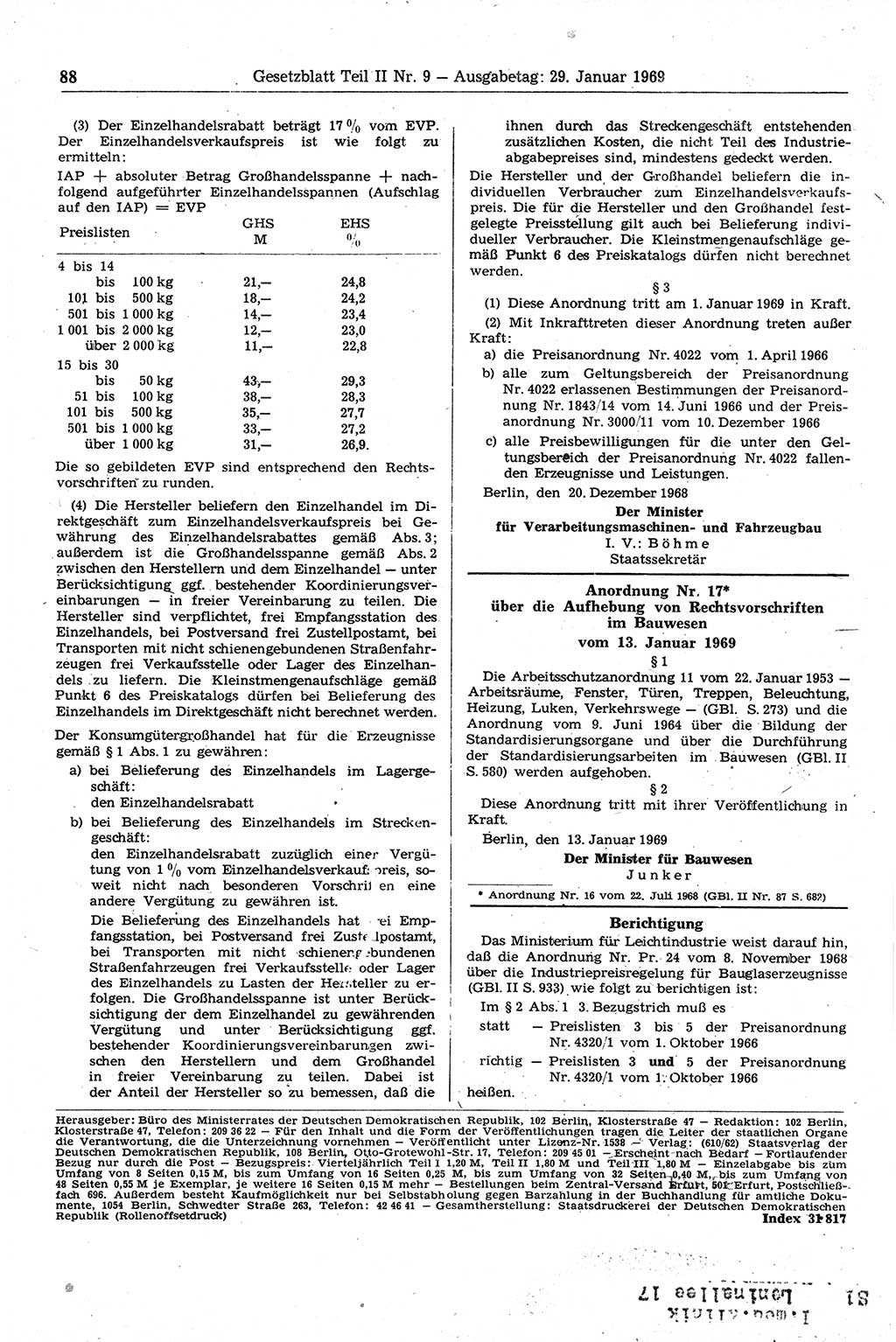 Gesetzblatt (GBl.) der Deutschen Demokratischen Republik (DDR) Teil ⅠⅠ 1969, Seite 88 (GBl. DDR ⅠⅠ 1969, S. 88)