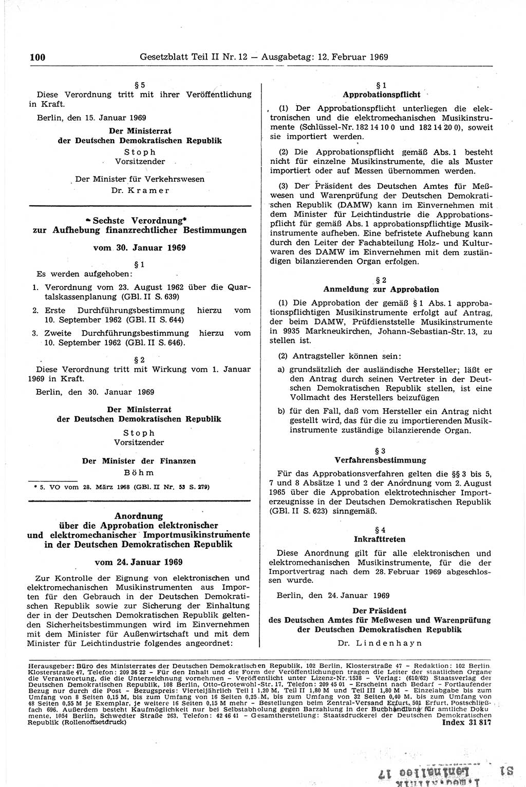 Gesetzblatt (GBl.) der Deutschen Demokratischen Republik (DDR) Teil ⅠⅠ 1969, Seite 100 (GBl. DDR ⅠⅠ 1969, S. 100)