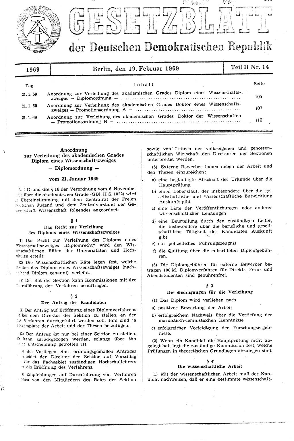 Gesetzblatt (GBl.) der Deutschen Demokratischen Republik (DDR) Teil ⅠⅠ 1969, Seite 105 (GBl. DDR ⅠⅠ 1969, S. 105)