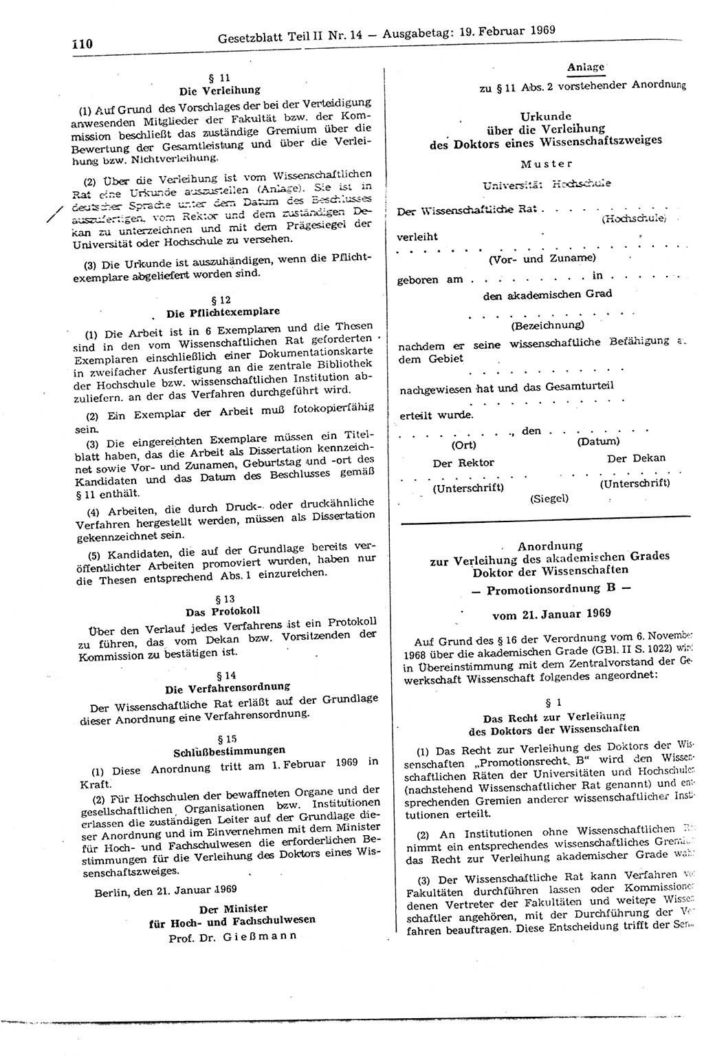 Gesetzblatt (GBl.) der Deutschen Demokratischen Republik (DDR) Teil ⅠⅠ 1969, Seite 110 (GBl. DDR ⅠⅠ 1969, S. 110)