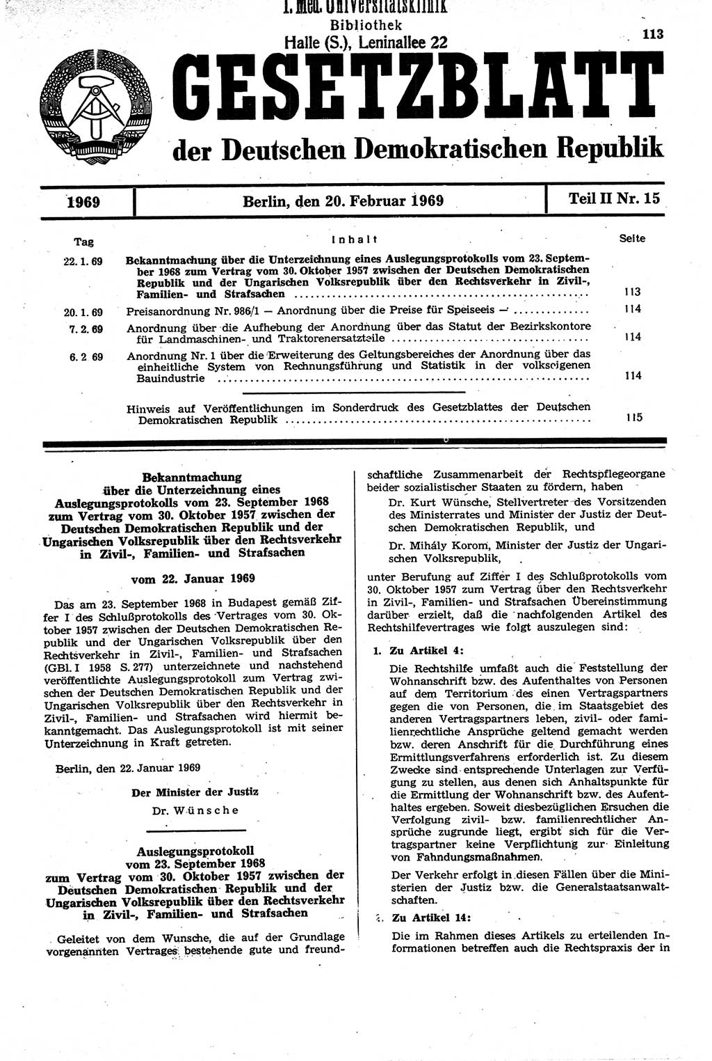 Gesetzblatt (GBl.) der Deutschen Demokratischen Republik (DDR) Teil ⅠⅠ 1969, Seite 113 (GBl. DDR ⅠⅠ 1969, S. 113)