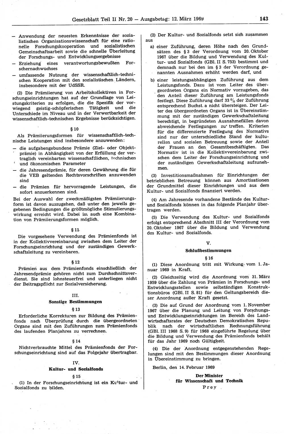 Gesetzblatt (GBl.) der Deutschen Demokratischen Republik (DDR) Teil ⅠⅠ 1969, Seite 143 (GBl. DDR ⅠⅠ 1969, S. 143)