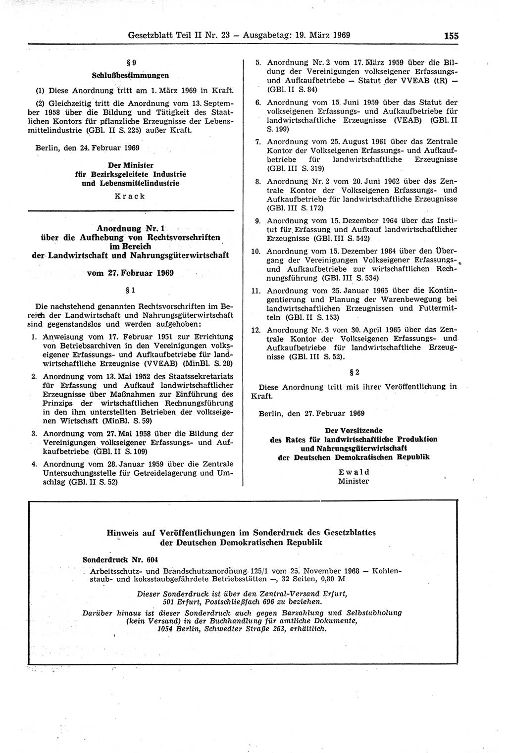 Gesetzblatt (GBl.) der Deutschen Demokratischen Republik (DDR) Teil ⅠⅠ 1969, Seite 155 (GBl. DDR ⅠⅠ 1969, S. 155)