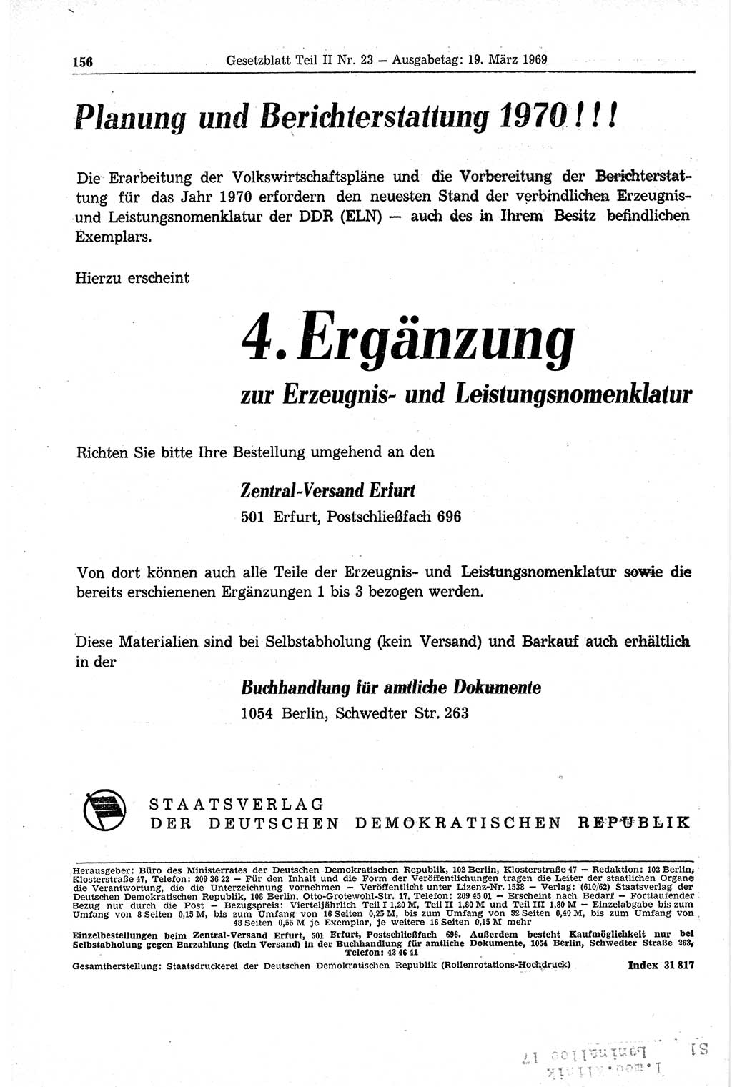 Gesetzblatt (GBl.) der Deutschen Demokratischen Republik (DDR) Teil ⅠⅠ 1969, Seite 156 (GBl. DDR ⅠⅠ 1969, S. 156)