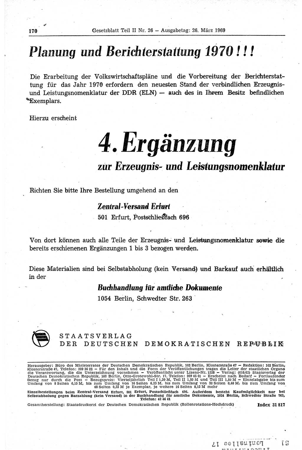 Gesetzblatt (GBl.) der Deutschen Demokratischen Republik (DDR) Teil ⅠⅠ 1969, Seite 170 (GBl. DDR ⅠⅠ 1969, S. 170)