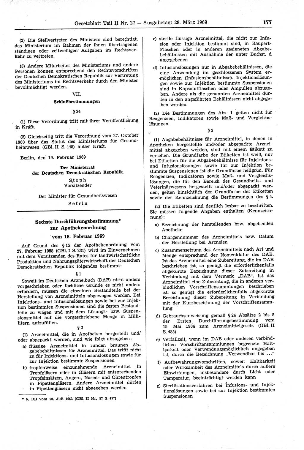 Gesetzblatt (GBl.) der Deutschen Demokratischen Republik (DDR) Teil ⅠⅠ 1969, Seite 177 (GBl. DDR ⅠⅠ 1969, S. 177)