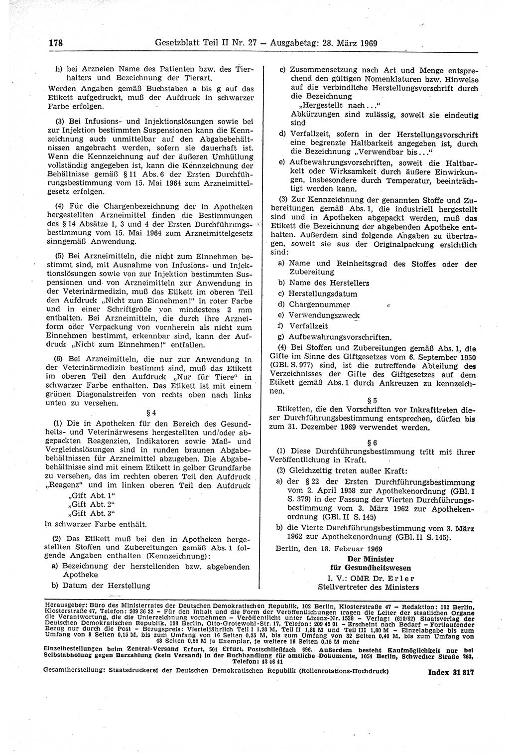 Gesetzblatt (GBl.) der Deutschen Demokratischen Republik (DDR) Teil ⅠⅠ 1969, Seite 178 (GBl. DDR ⅠⅠ 1969, S. 178)