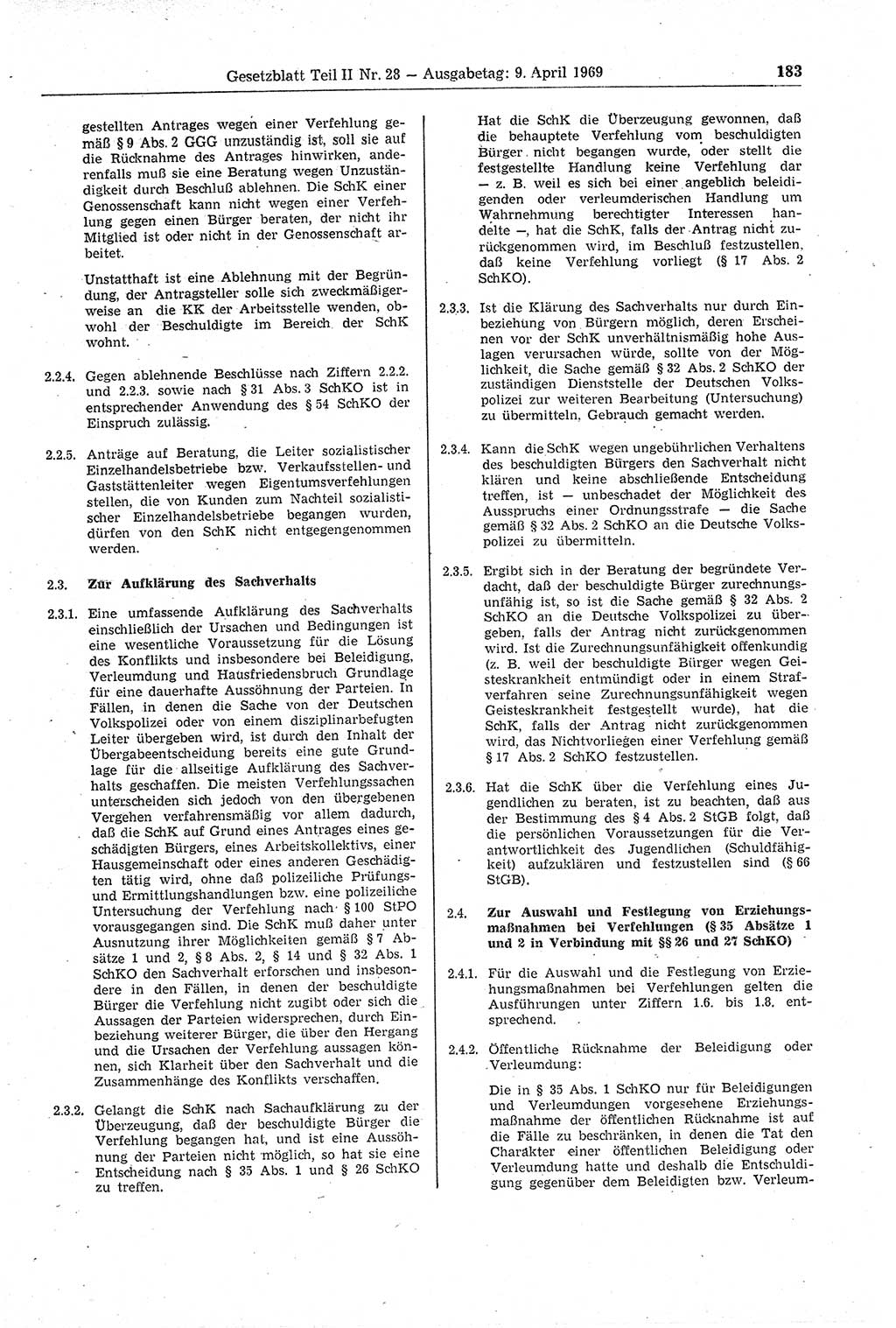 Gesetzblatt (GBl.) der Deutschen Demokratischen Republik (DDR) Teil ⅠⅠ 1969, Seite 183 (GBl. DDR ⅠⅠ 1969, S. 183)