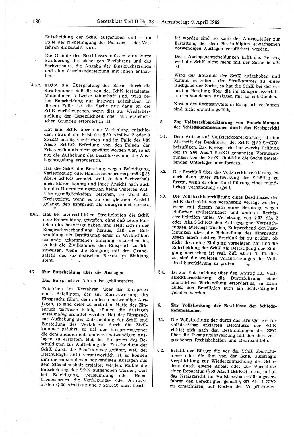 Gesetzblatt (GBl.) der Deutschen Demokratischen Republik (DDR) Teil ⅠⅠ 1969, Seite 186 (GBl. DDR ⅠⅠ 1969, S. 186)