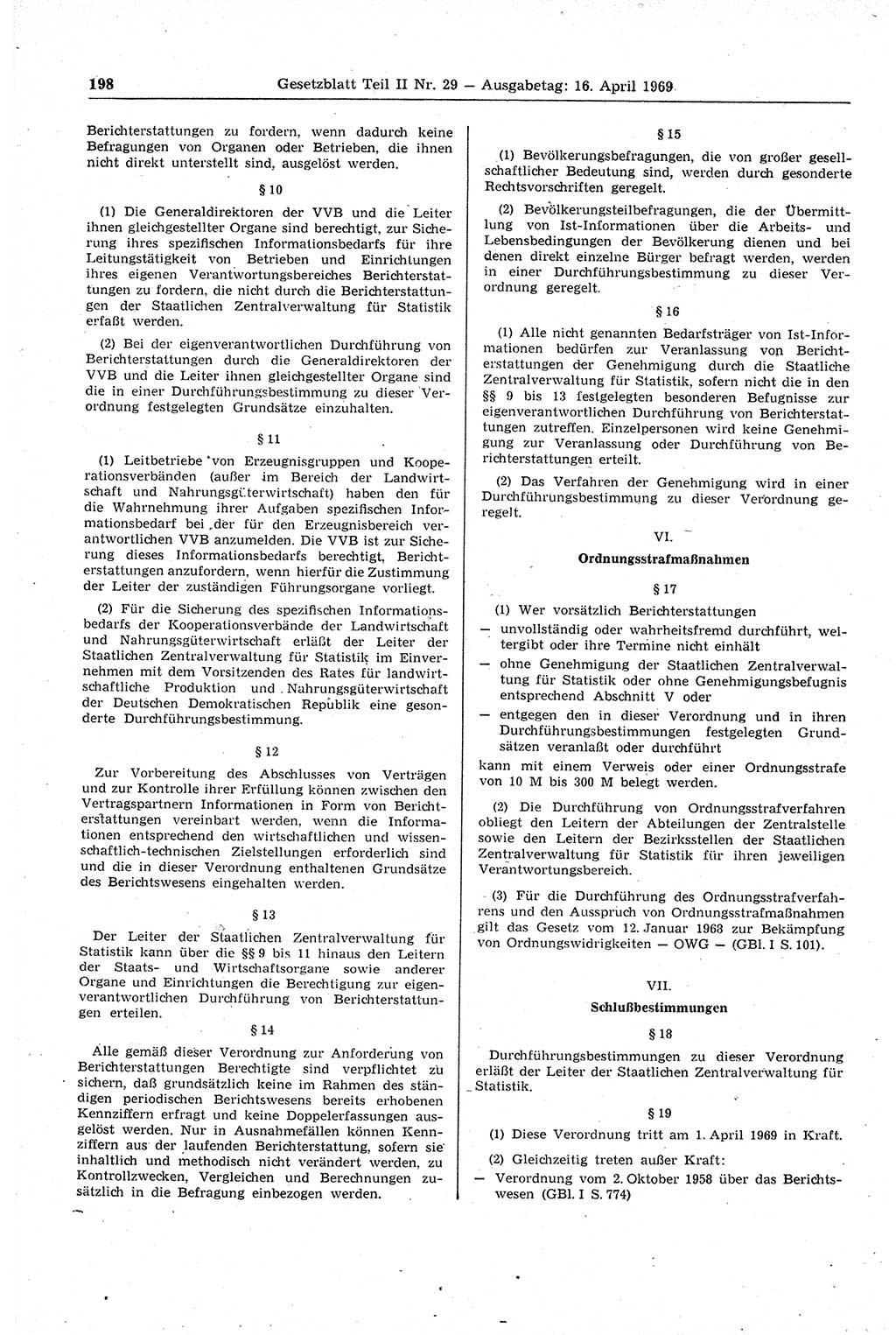 Gesetzblatt (GBl.) der Deutschen Demokratischen Republik (DDR) Teil ⅠⅠ 1969, Seite 198 (GBl. DDR ⅠⅠ 1969, S. 198)