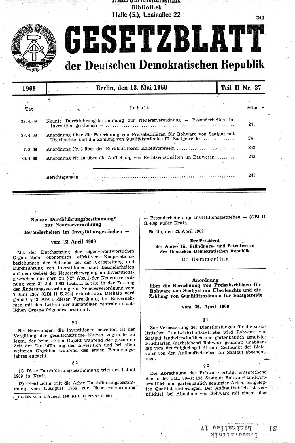 Gesetzblatt (GBl.) der Deutschen Demokratischen Republik (DDR) Teil ⅠⅠ 1969, Seite 241 (GBl. DDR ⅠⅠ 1969, S. 241)