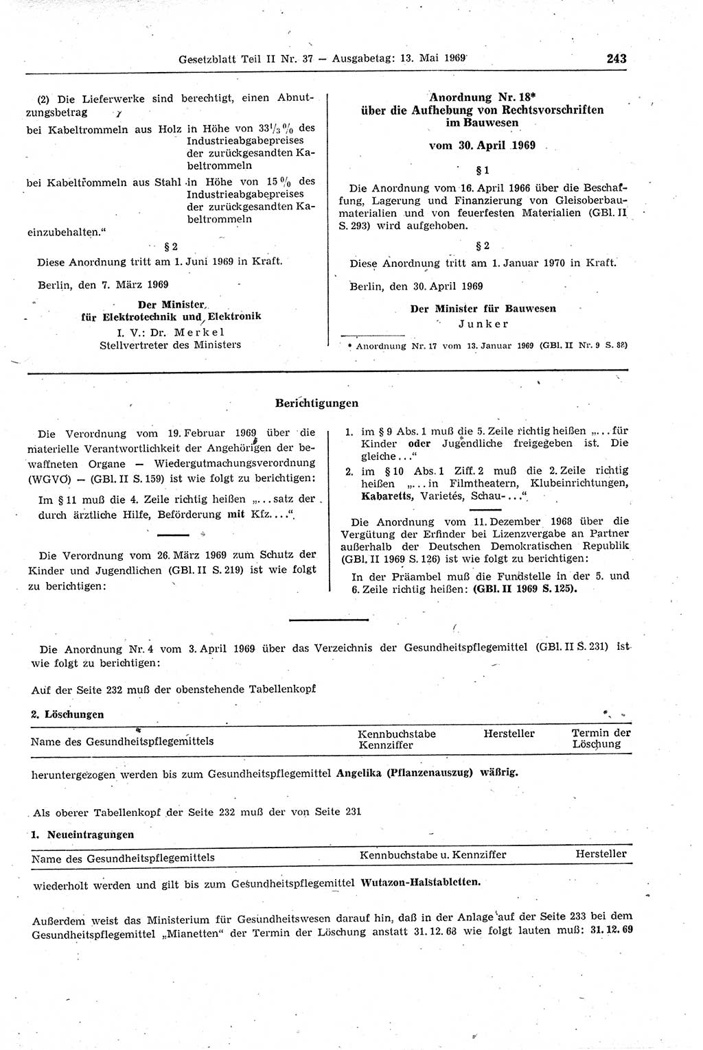 Gesetzblatt (GBl.) der Deutschen Demokratischen Republik (DDR) Teil ⅠⅠ 1969, Seite 243 (GBl. DDR ⅠⅠ 1969, S. 243)