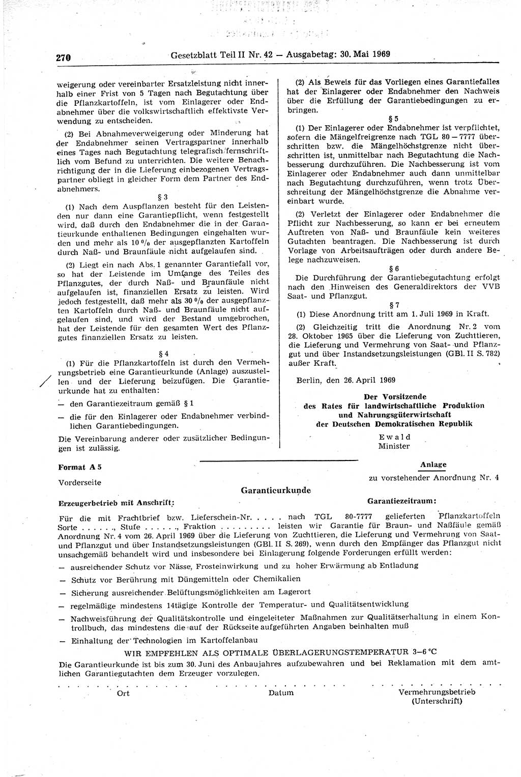 Gesetzblatt (GBl.) der Deutschen Demokratischen Republik (DDR) Teil ⅠⅠ 1969, Seite 270 (GBl. DDR ⅠⅠ 1969, S. 270)