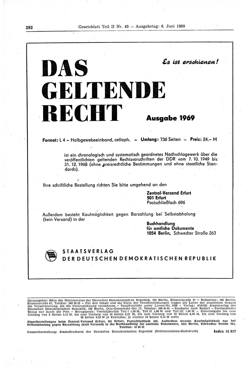 Gesetzblatt (GBl.) der Deutschen Demokratischen Republik (DDR) Teil ⅠⅠ 1969, Seite 292 (GBl. DDR ⅠⅠ 1969, S. 292)