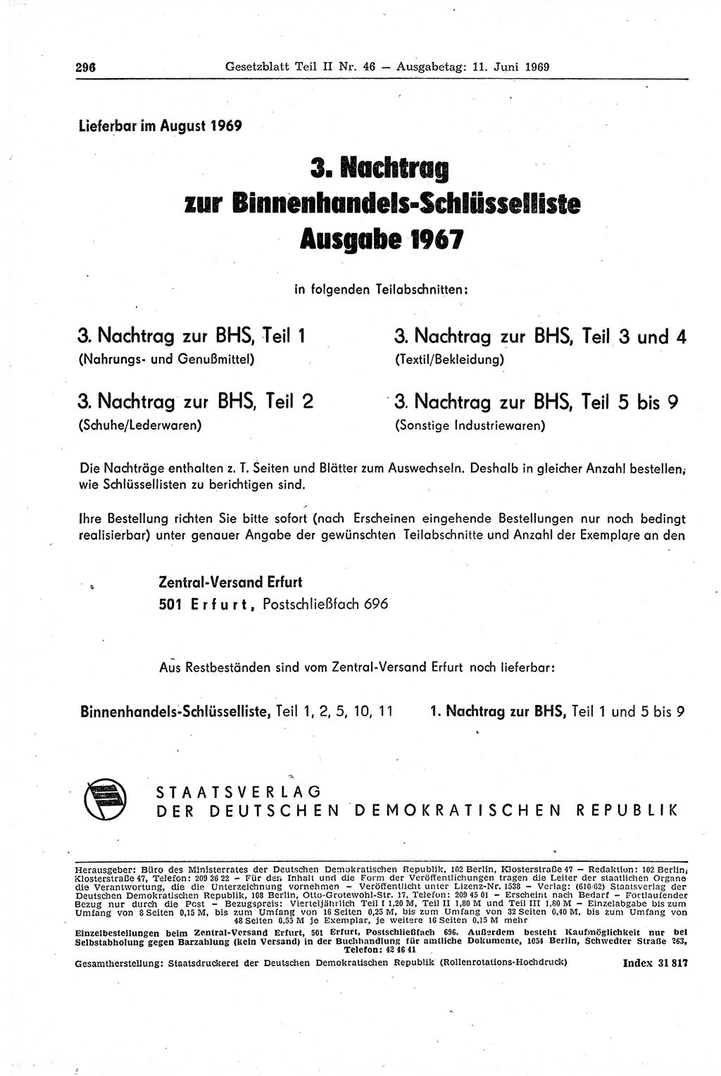 Gesetzblatt (GBl.) der Deutschen Demokratischen Republik (DDR) Teil ⅠⅠ 1969, Seite 296 (GBl. DDR ⅠⅠ 1969, S. 296)