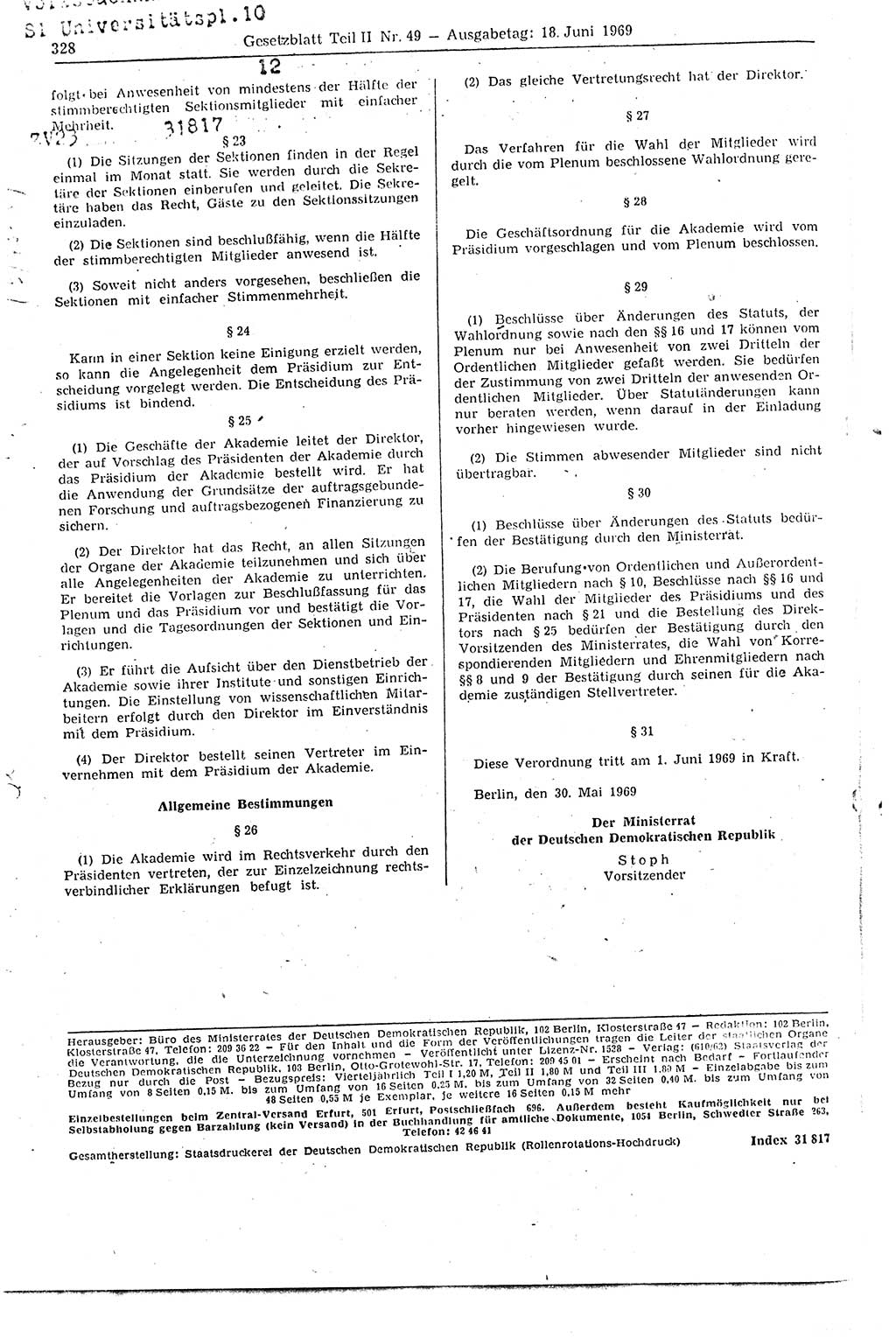 Gesetzblatt (GBl.) der Deutschen Demokratischen Republik (DDR) Teil ⅠⅠ 1969, Seite 328 (GBl. DDR ⅠⅠ 1969, S. 328)