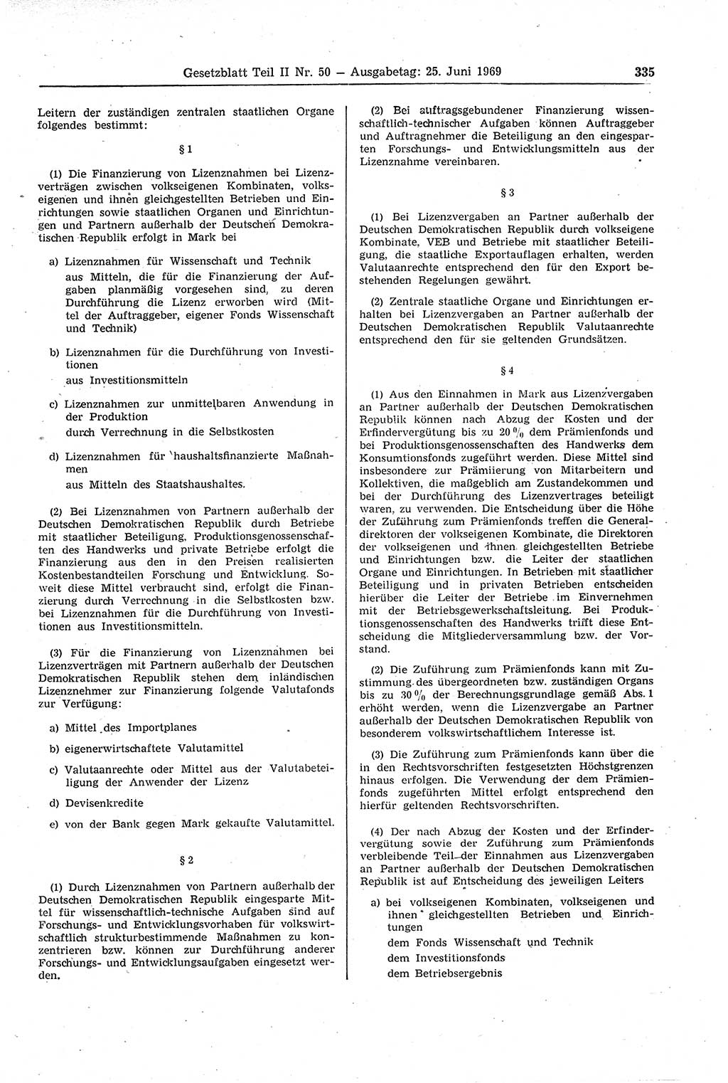 Gesetzblatt (GBl.) der Deutschen Demokratischen Republik (DDR) Teil ⅠⅠ 1969, Seite 335 (GBl. DDR ⅠⅠ 1969, S. 335)